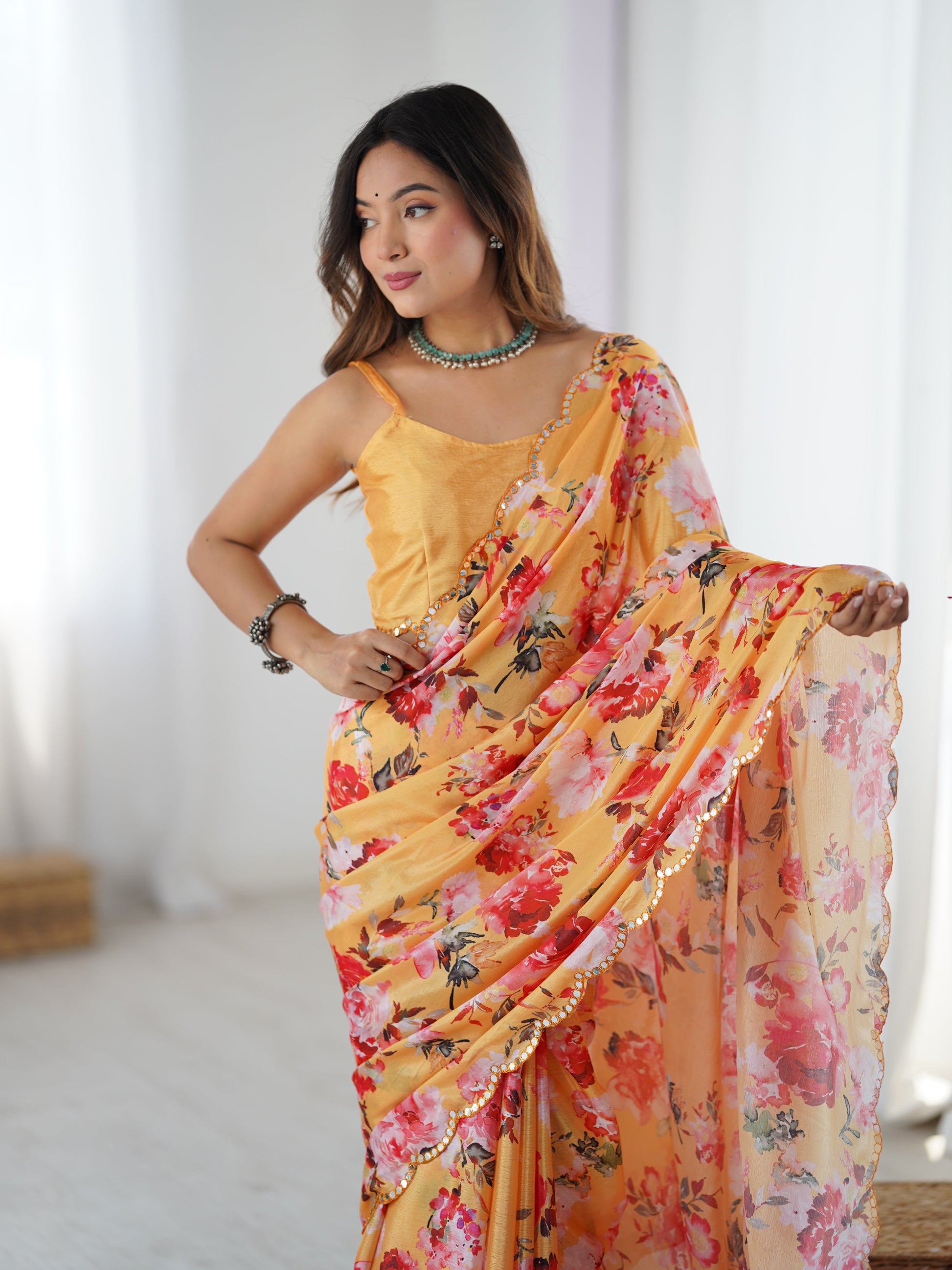 Jyoti Fashion Women's Yellow Chinon Digital Printed Designer Grab2Buy with Blouse 