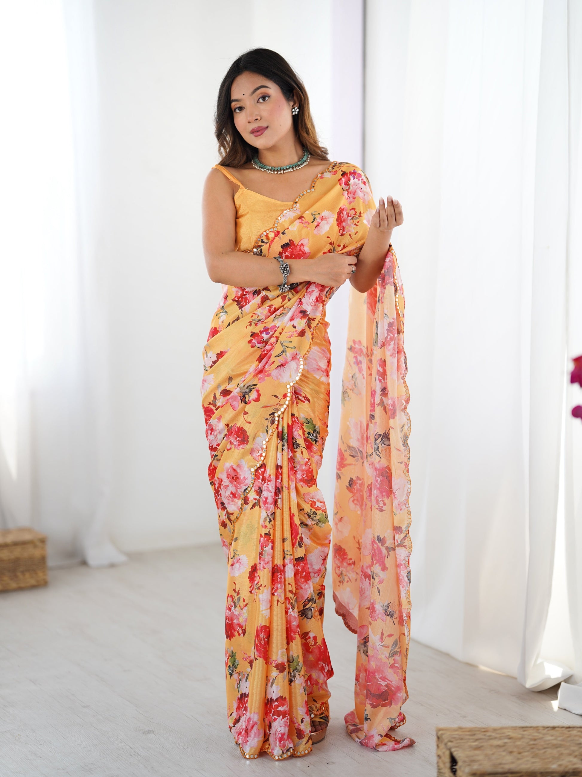 Jyoti Fashion Women's Yellow Chinon Digital Printed Designer Grab2Buy with Blouse 