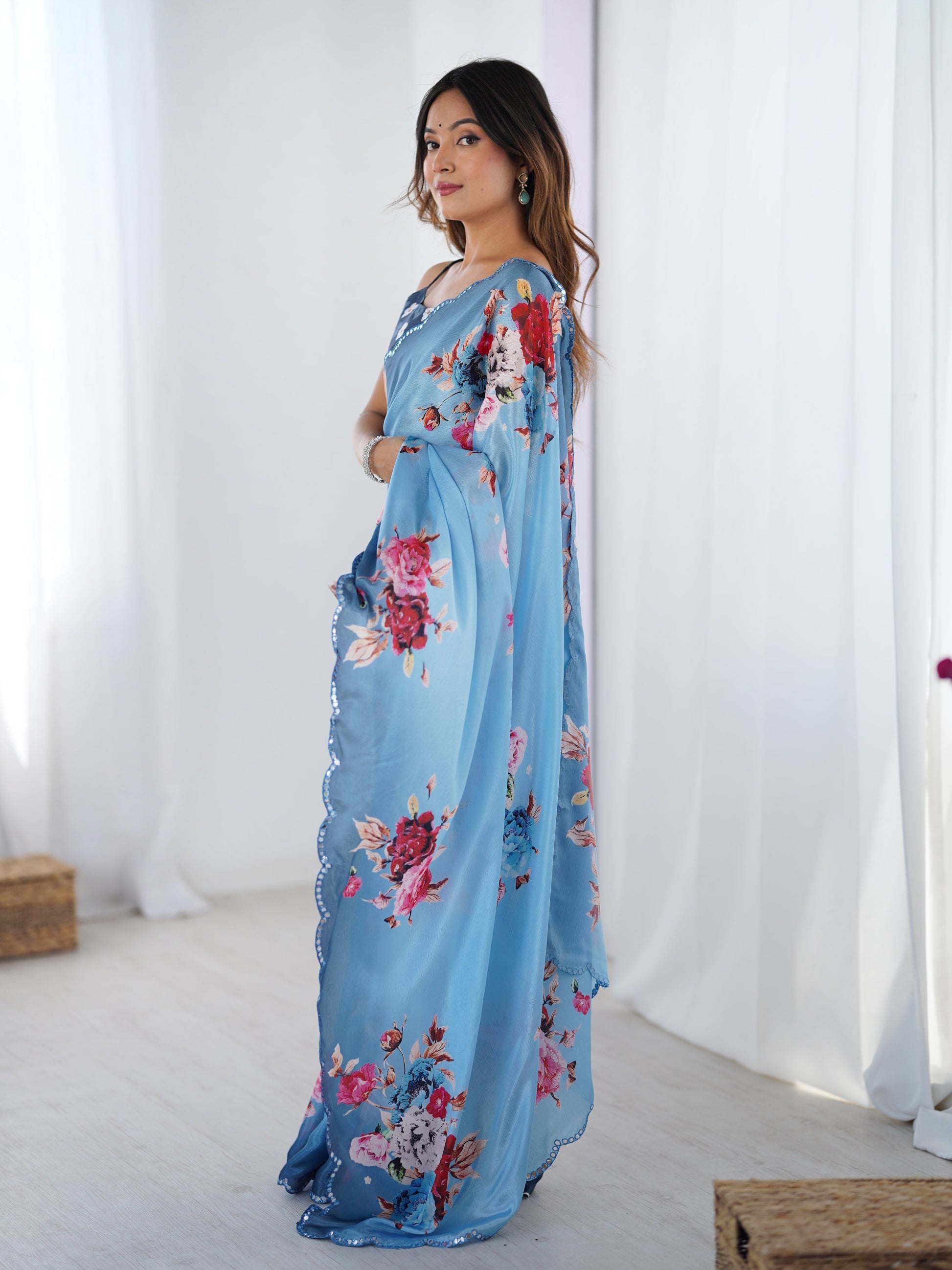 Jyoti Fashion Women's Sky Blue Chinon Digital Printed Designer Grab2Buy with Blouse 
