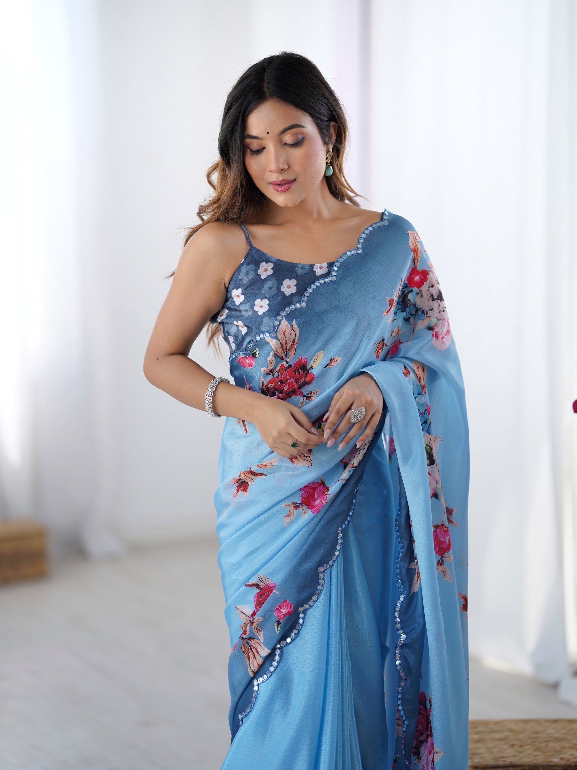Jyoti Fashion Women's Sky Blue Chinon Digital Printed Designer Grab2Buy with Blouse 