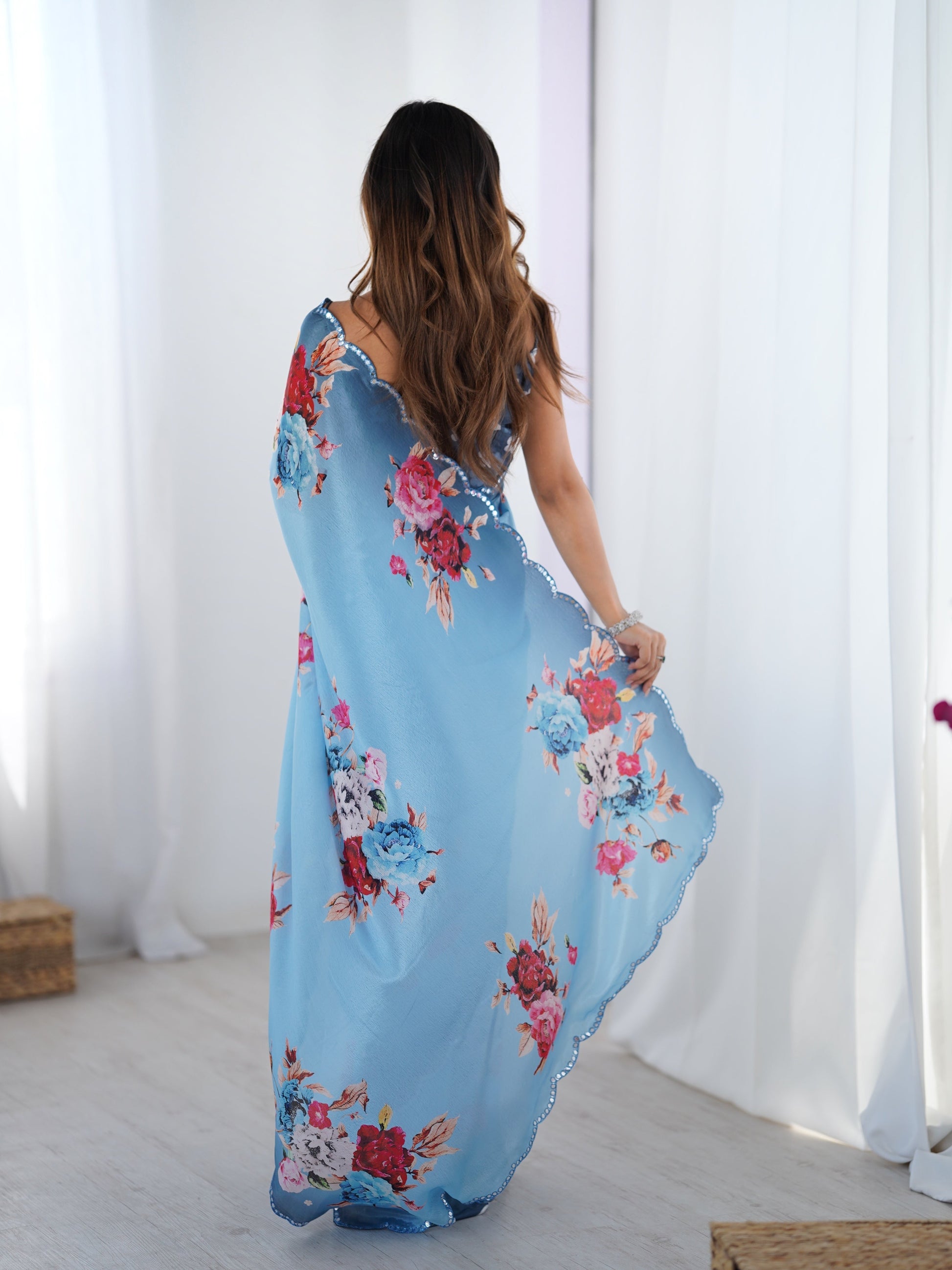 Jyoti Fashion Women's Sky Blue Chinon Digital Printed Designer Grab2Buy with Blouse 