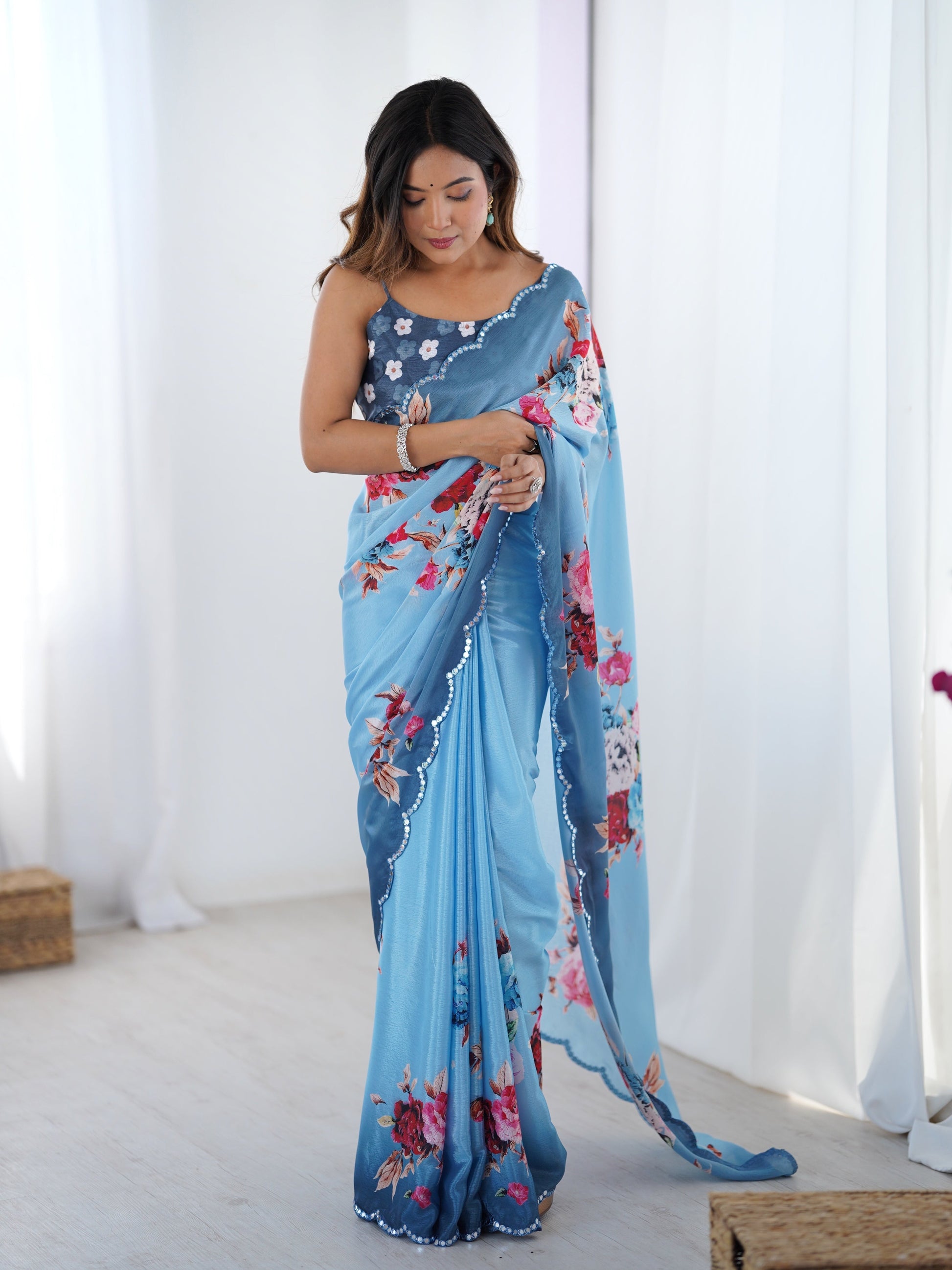 Jyoti Fashion Women's Sky Blue Chinon Digital Printed Designer Grab2Buy with Blouse 