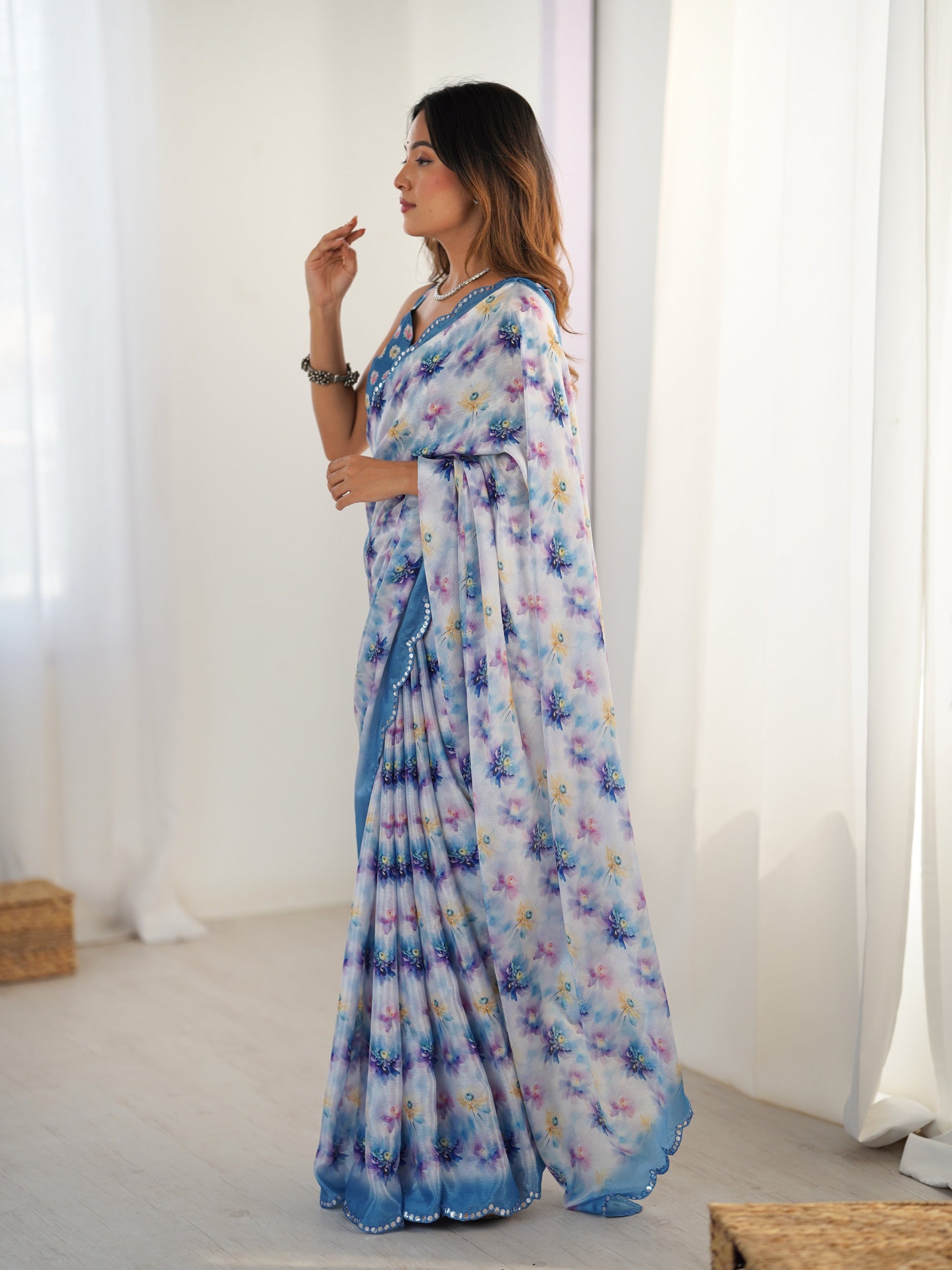 Jyoti Fashion Women's Blue Chinon Digital Printed Designer Grab2Buy with Blouse 