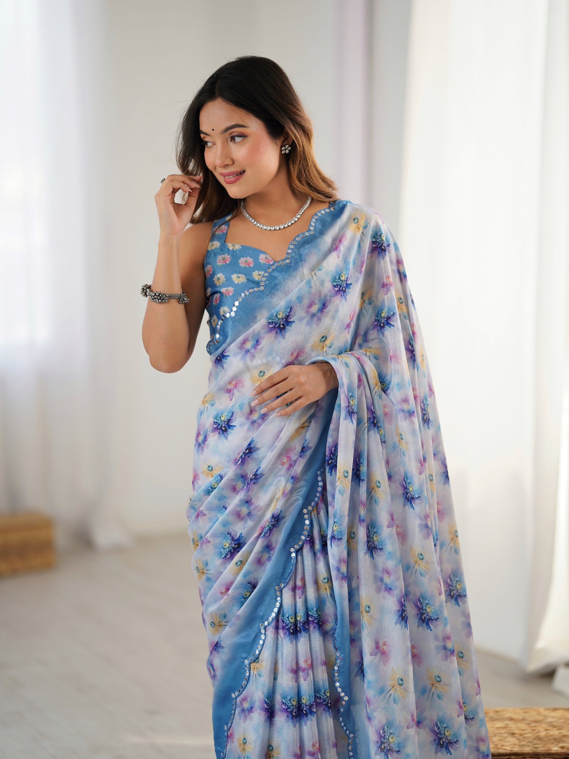 Jyoti Fashion Women's Blue Chinon Digital Printed Designer Grab2Buy with Blouse 