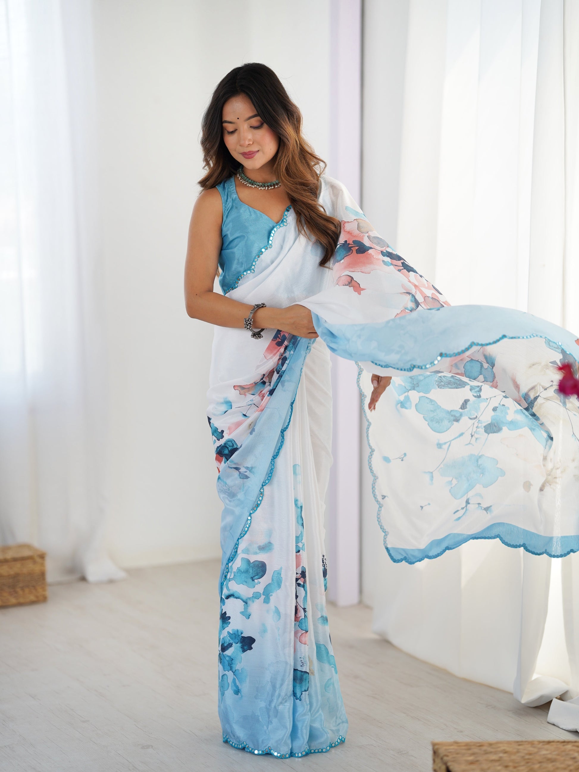 Jyoti Fashion Women's Sky Blue Chinon Digital Printed Designer Grab2Buy with Blouse 