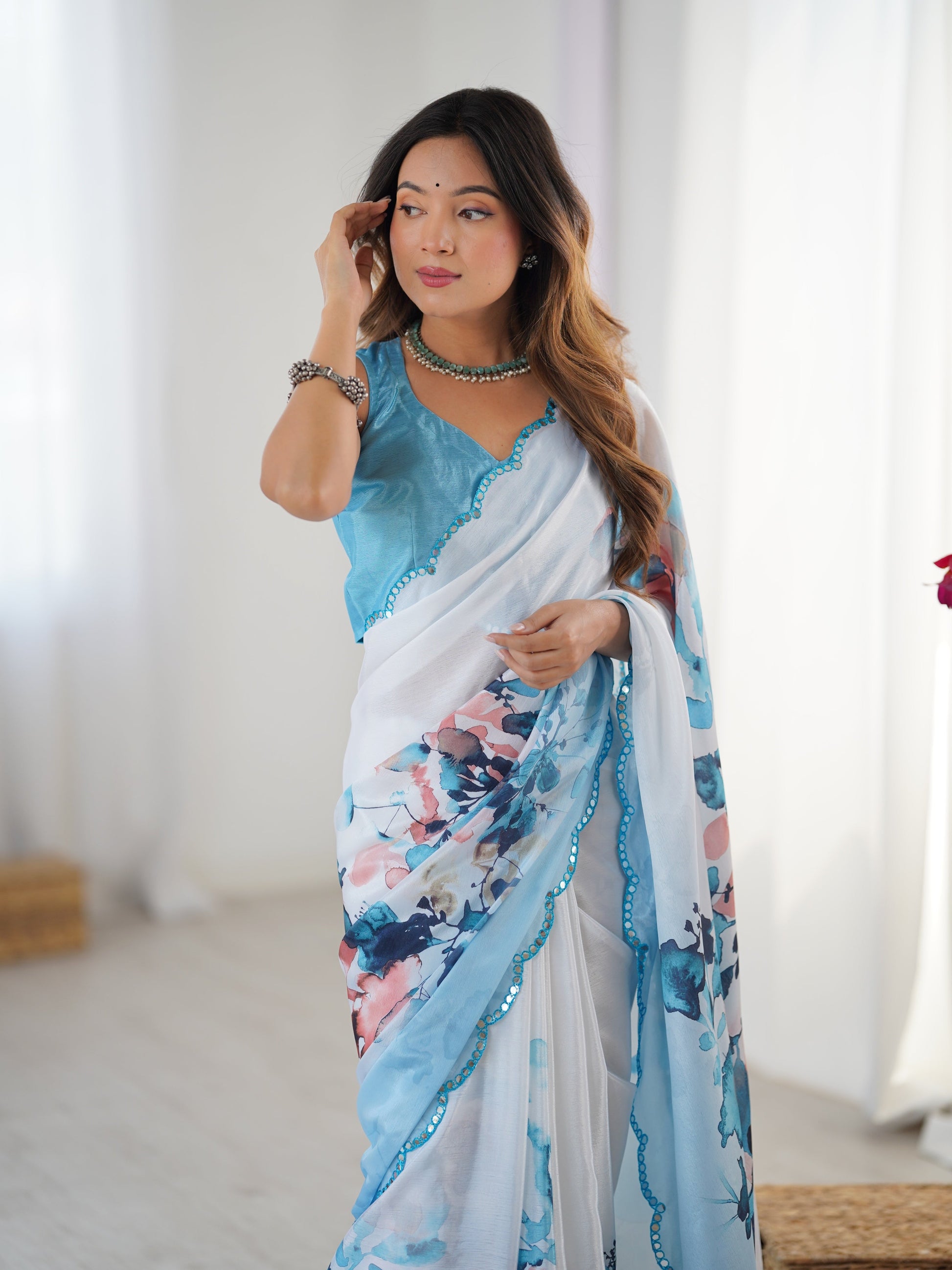 Jyoti Fashion Women's Sky Blue Chinon Digital Printed Designer Grab2Buy with Blouse 