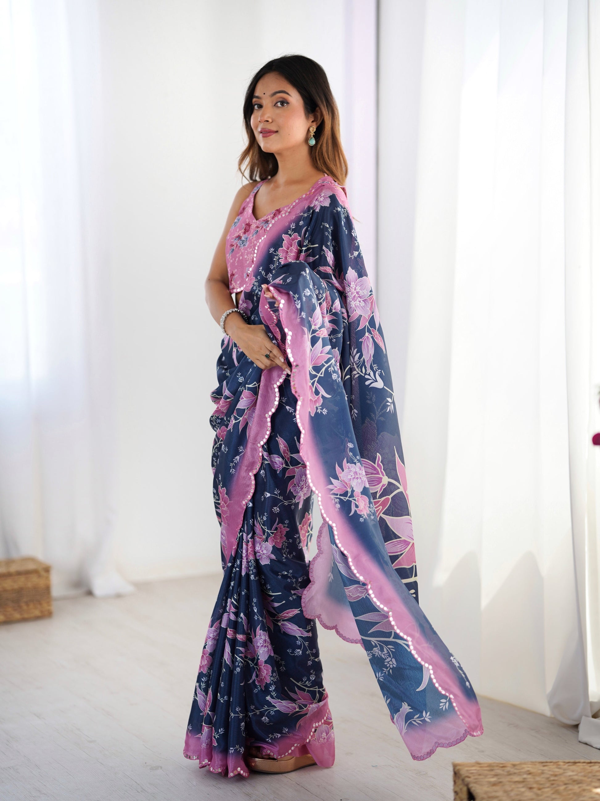 Jyoti Fashion Women's Navy Blue Chinon Digital Printed Designer Grab2Buy with Blouse 