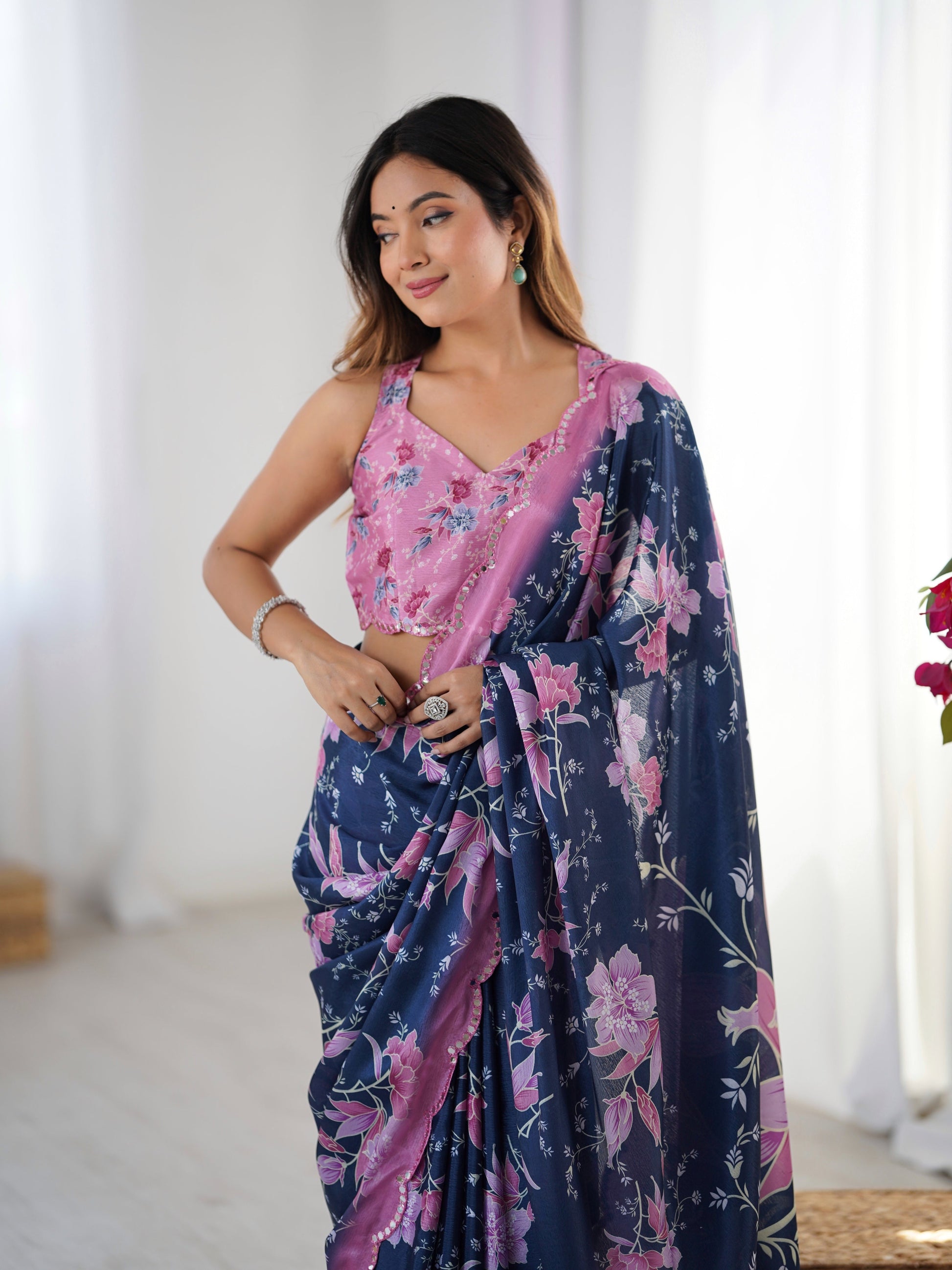 Jyoti Fashion Women's Navy Blue Chinon Digital Printed Designer Grab2Buy with Blouse 
