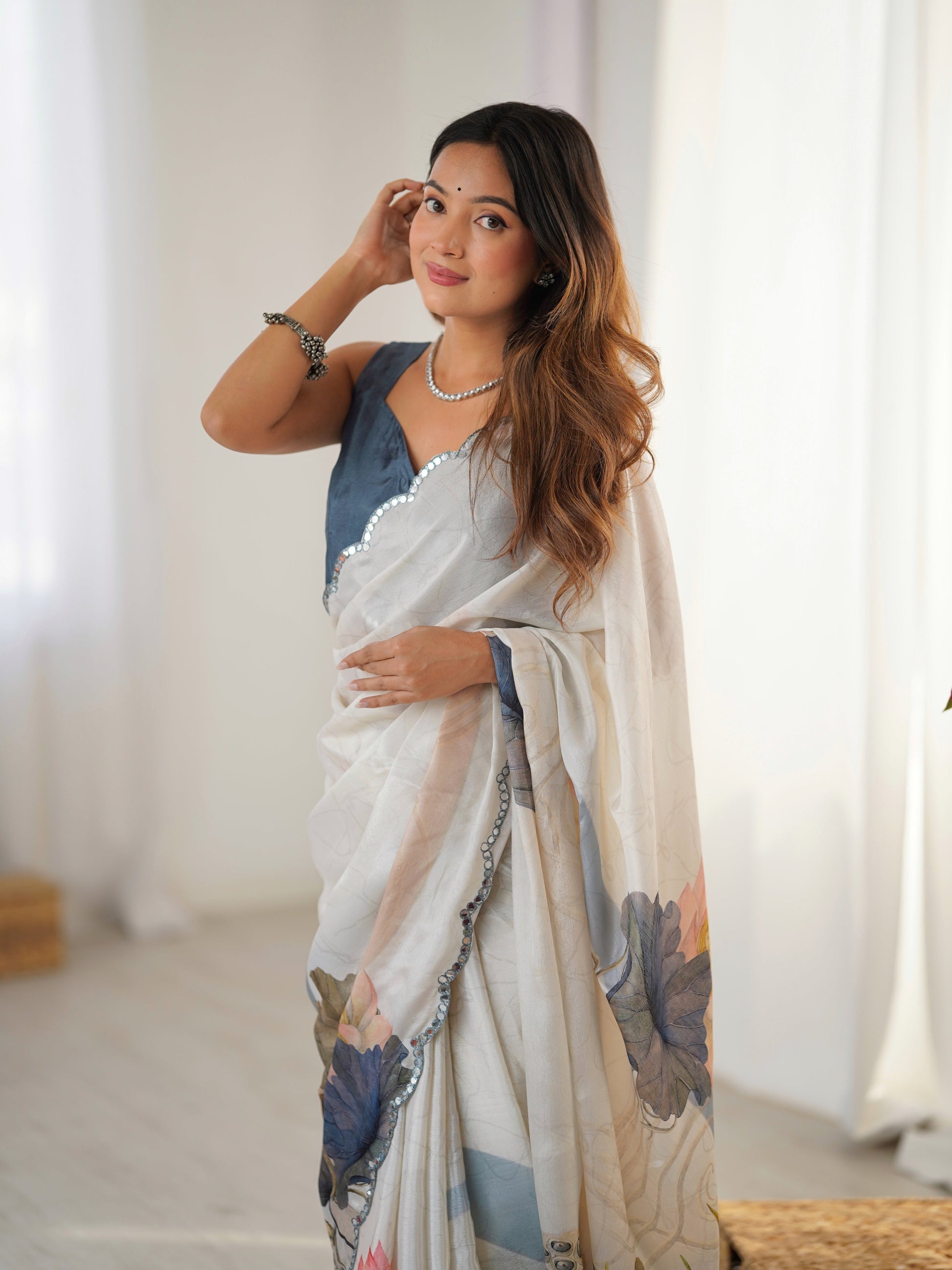 Jyoti Fashion Women's Off White Chinon Digital Printed Designer Grab2Buy with Blouse 