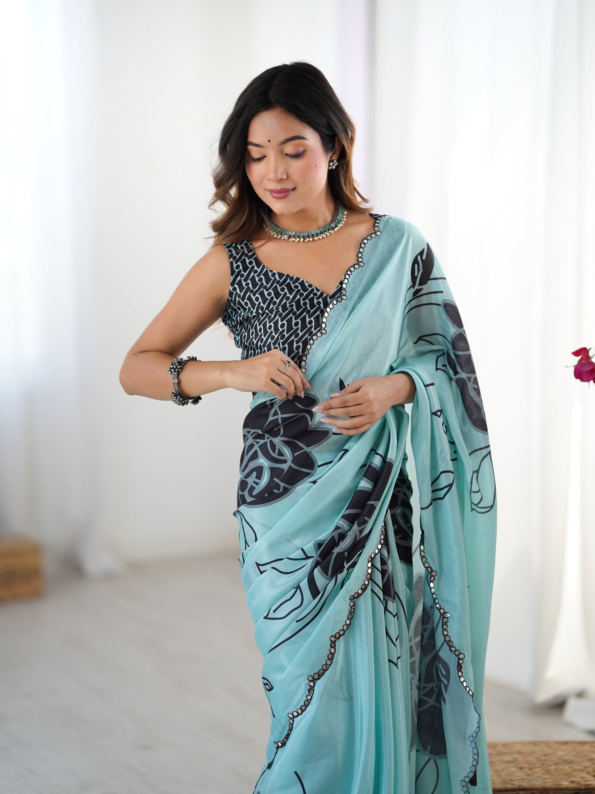 Jyoti Fashion Women's Sea Green Chinon Digital Printed Designer Grab2Buy with Blouse 