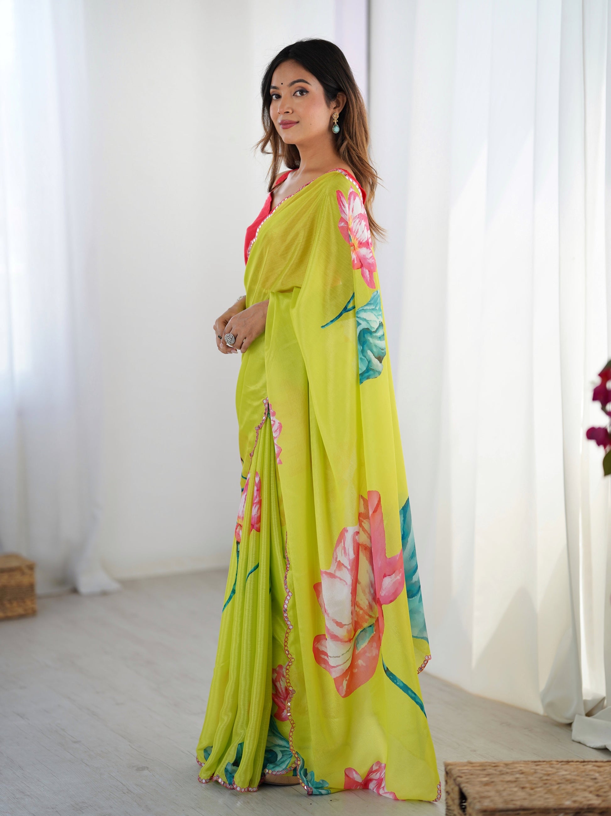 Jyoti Fashion Women's Parrot Green Chinon Digital Printed Designer Grab2Buy with Blouse 