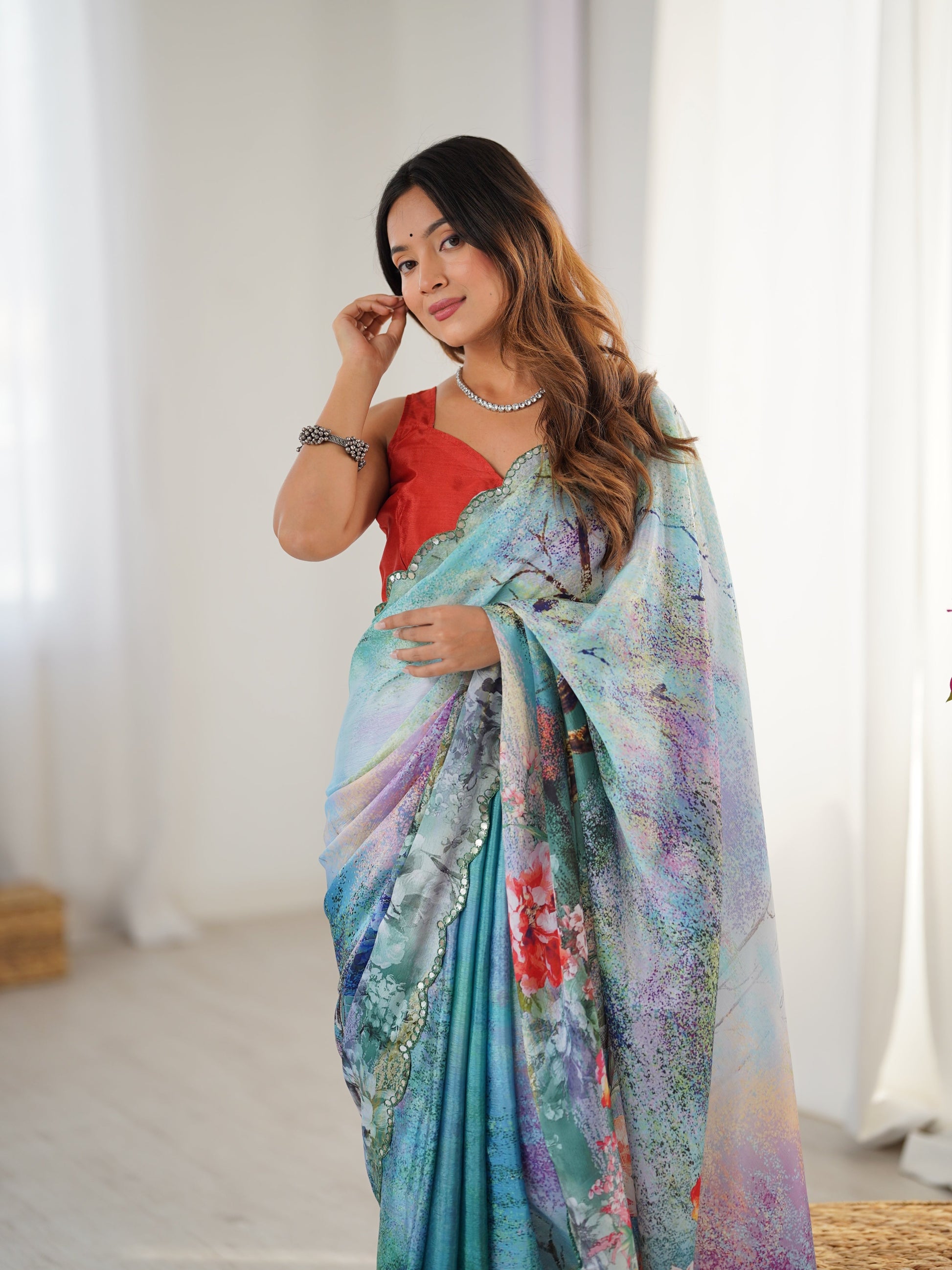 Jyoti Fashion Women's Multicolor Chinon Digital Printed Designer Grab2Buy with Blouse 