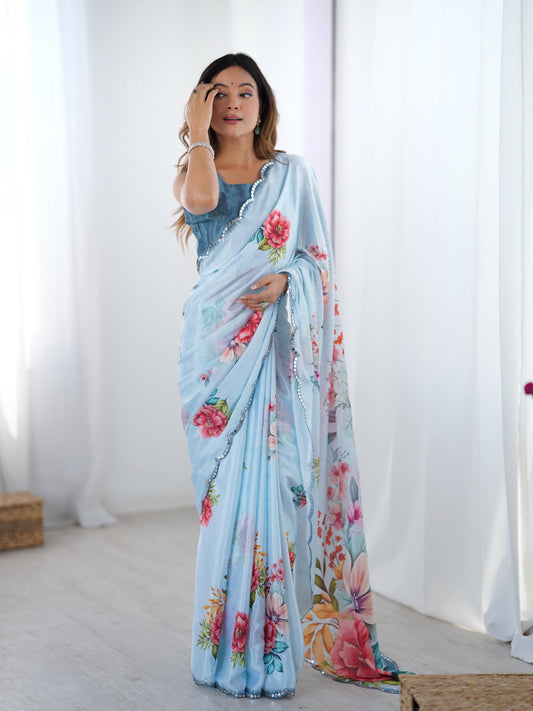 Jyoti Fashion Women's Sky Blue Chinon Digital Printed Designer Grab2Buy with Blouse