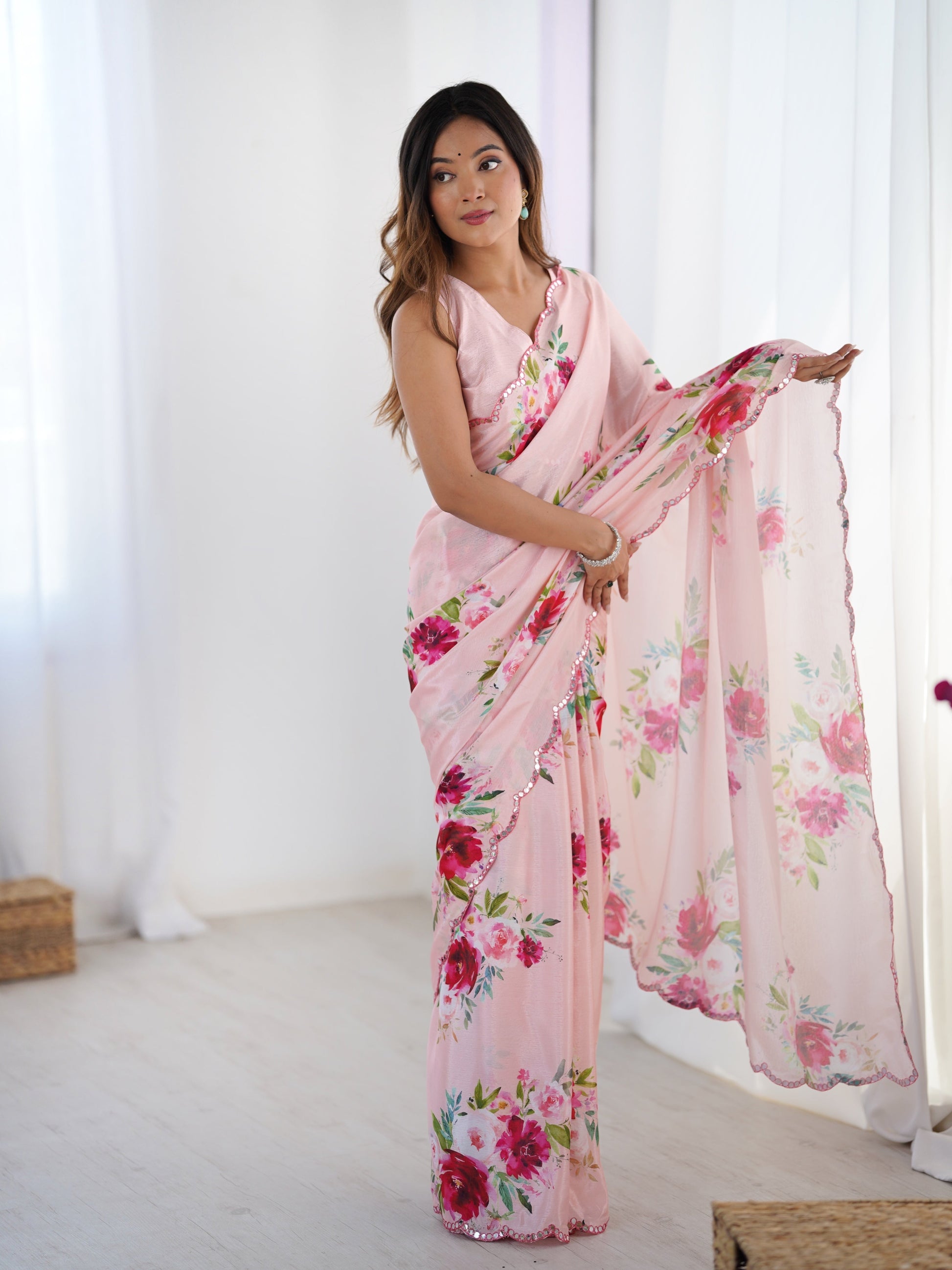 Jyoti Fashion Women's Baby Pink Chinon Digital Printed Designer Grab2Buy with Blouse 