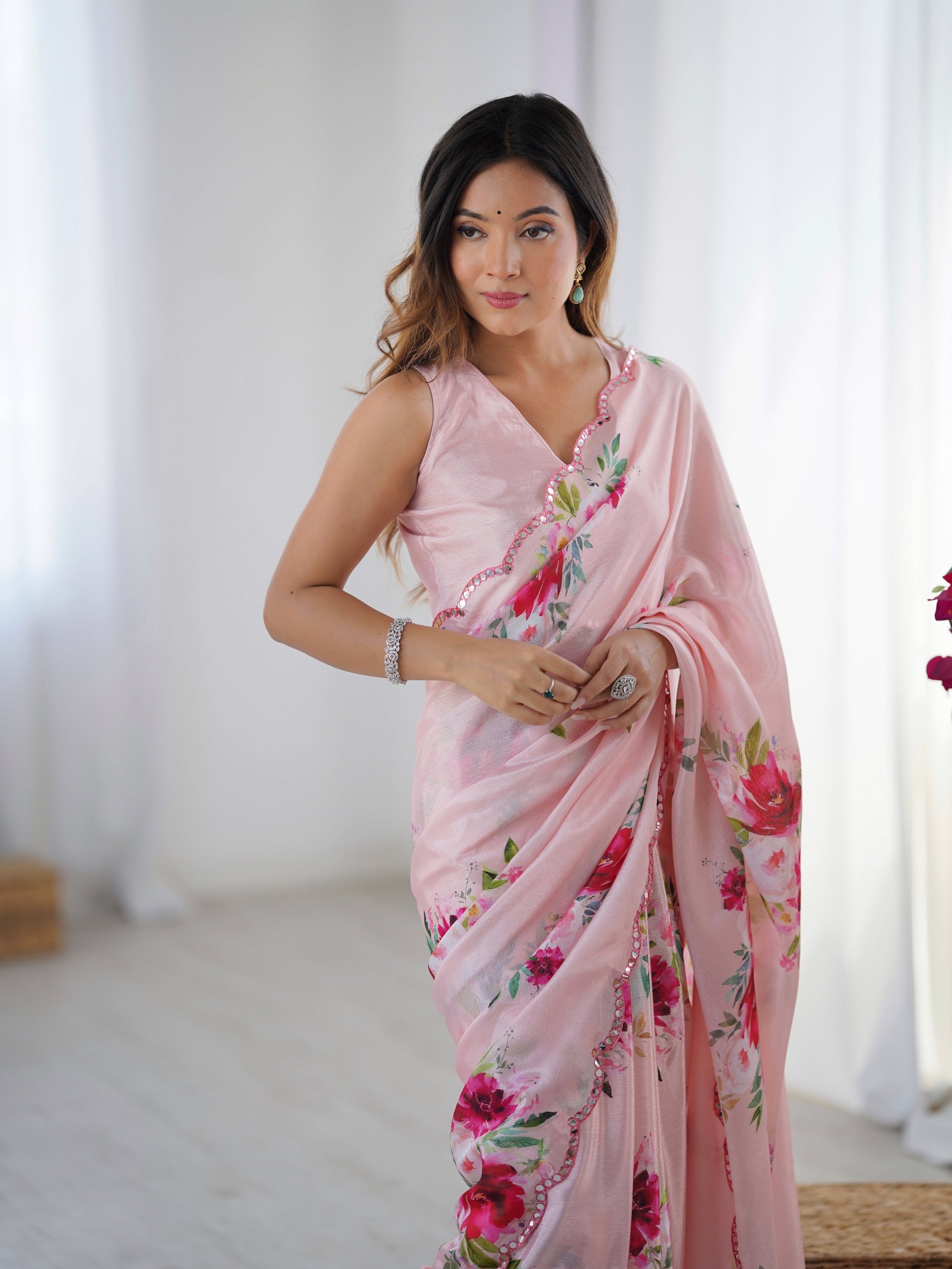 Jyoti Fashion Women's Baby Pink Chinon Digital Printed Designer Grab2Buy with Blouse 