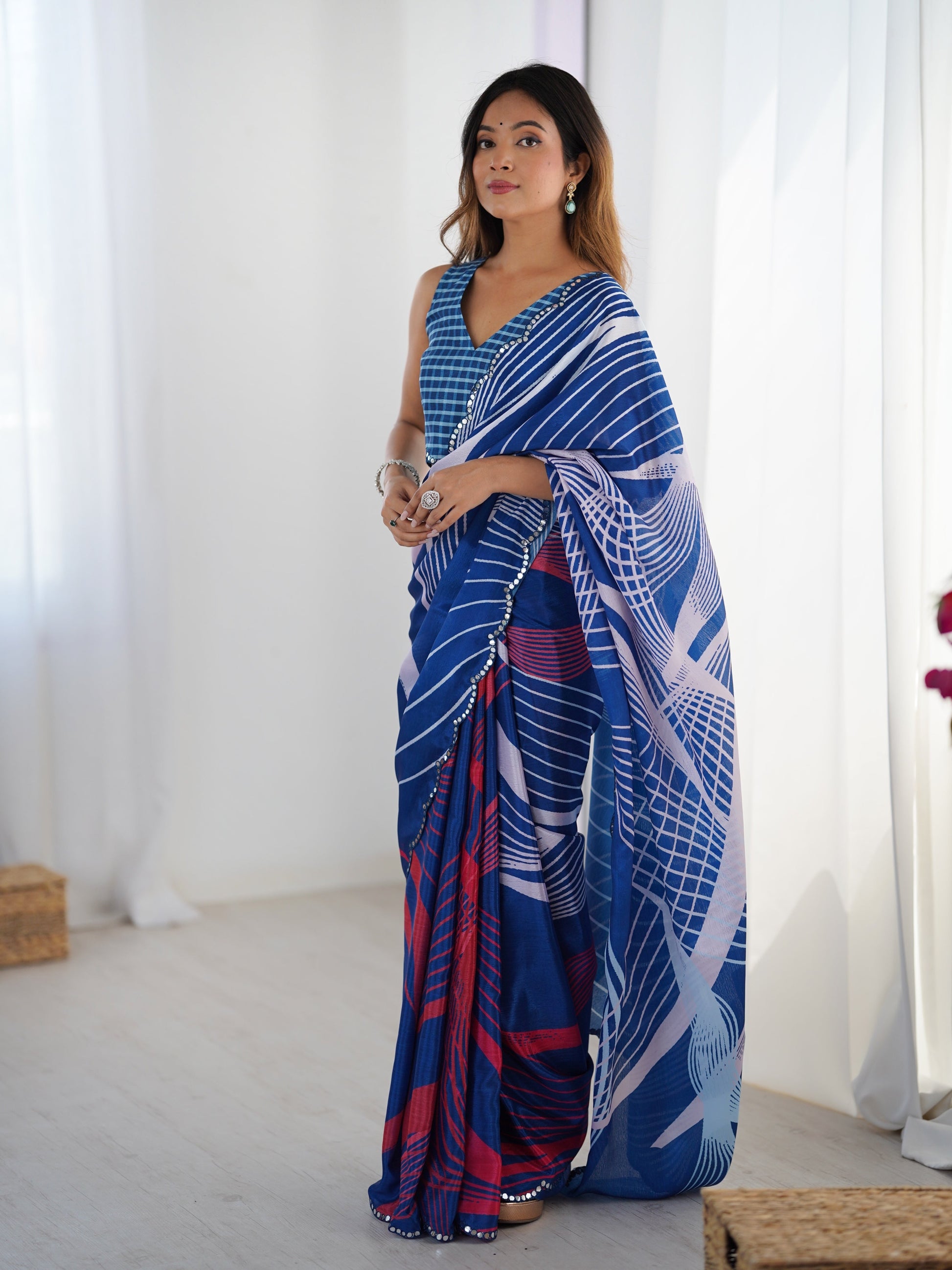 Jyoti Fashion Women's Blue Chinon Digital Printed Designer Grab2Buy with Blouse 