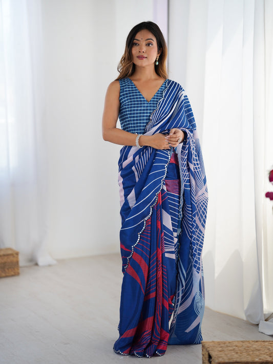 Jyoti Fashion Women's Blue Chinon Digital Printed Designer Grab2Buy with Blouse 