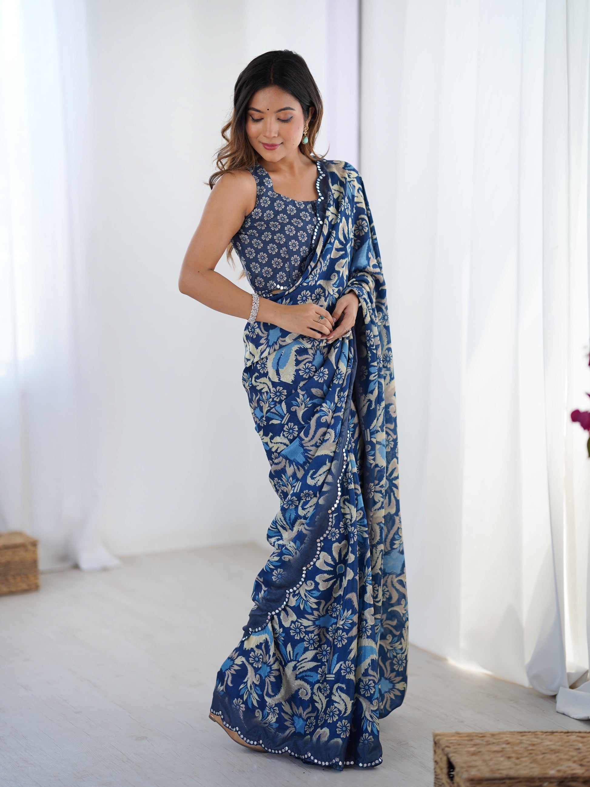 Jyoti Fashion Women's Navy Blue Chinon Digital Printed Designer Grab2Buy with Blouse 