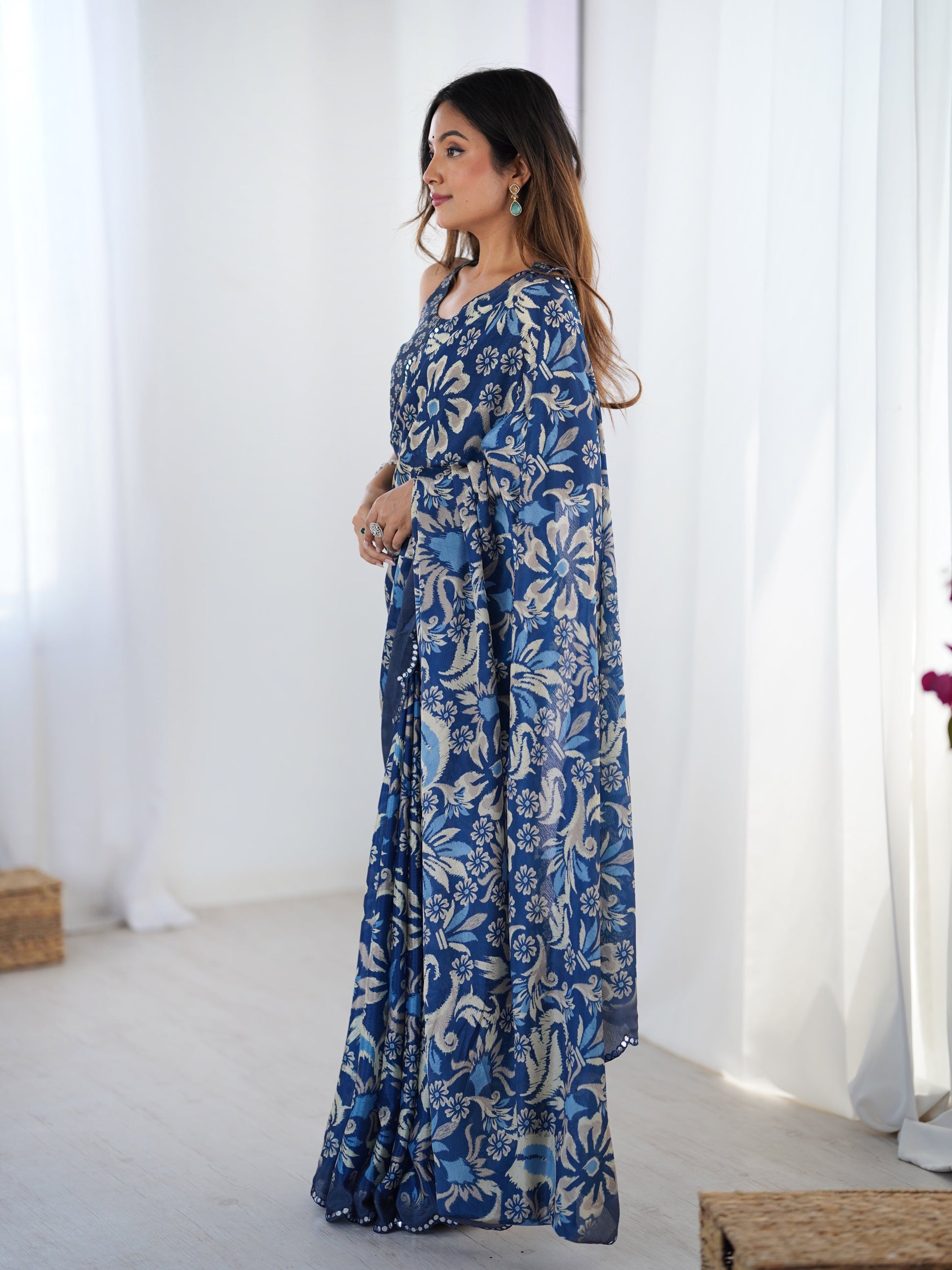 Jyoti Fashion Women's Navy Blue Chinon Digital Printed Designer Grab2Buy with Blouse 