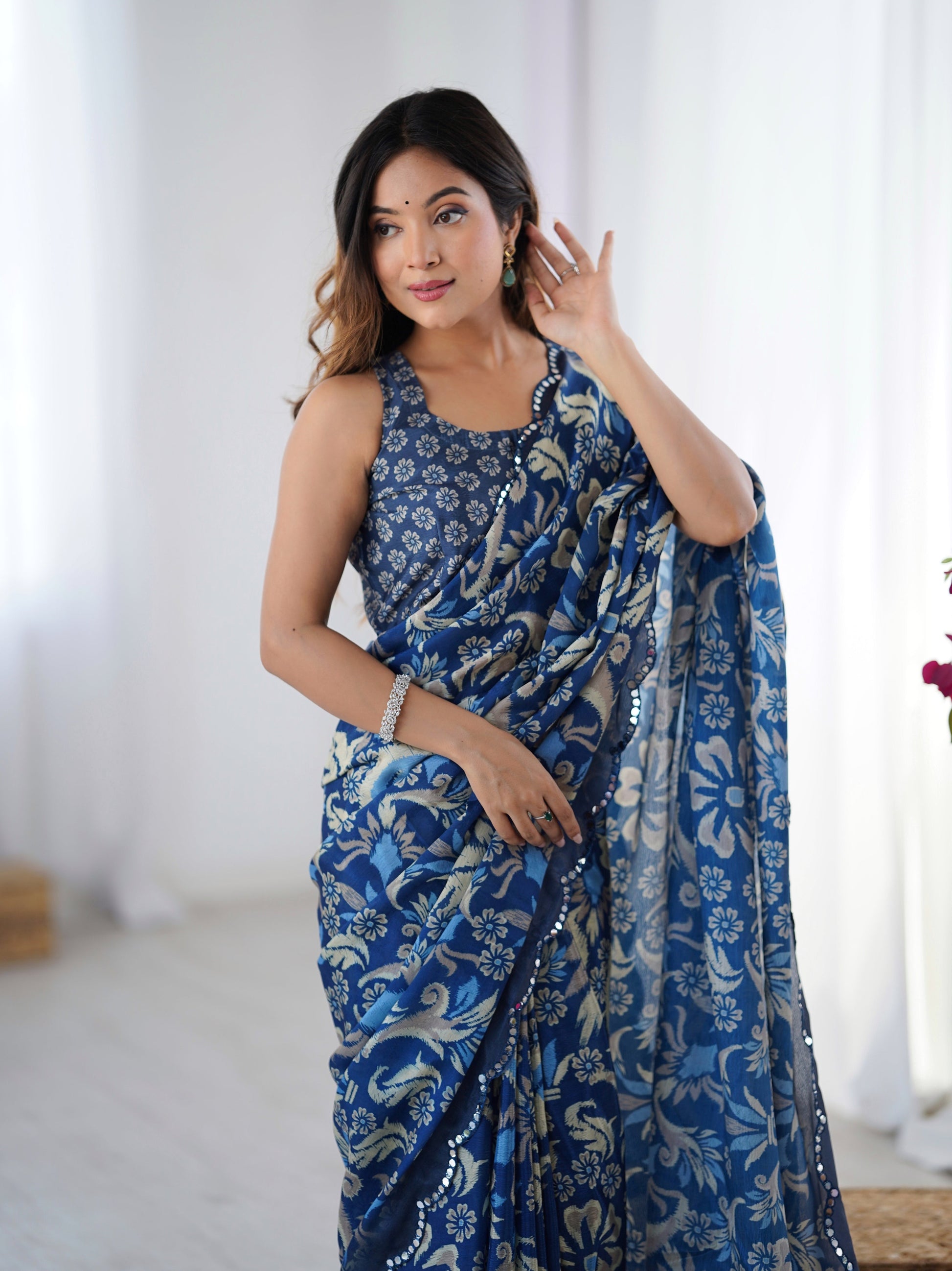 Jyoti Fashion Women's Navy Blue Chinon Digital Printed Designer Grab2Buy with Blouse 