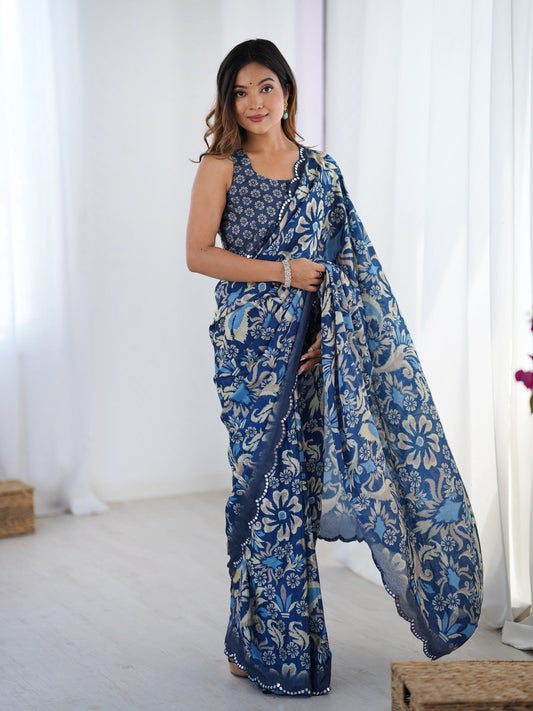 Jyoti Fashion Women's Navy Blue Chinon Digital Printed Designer Grab2Buy with Blouse 