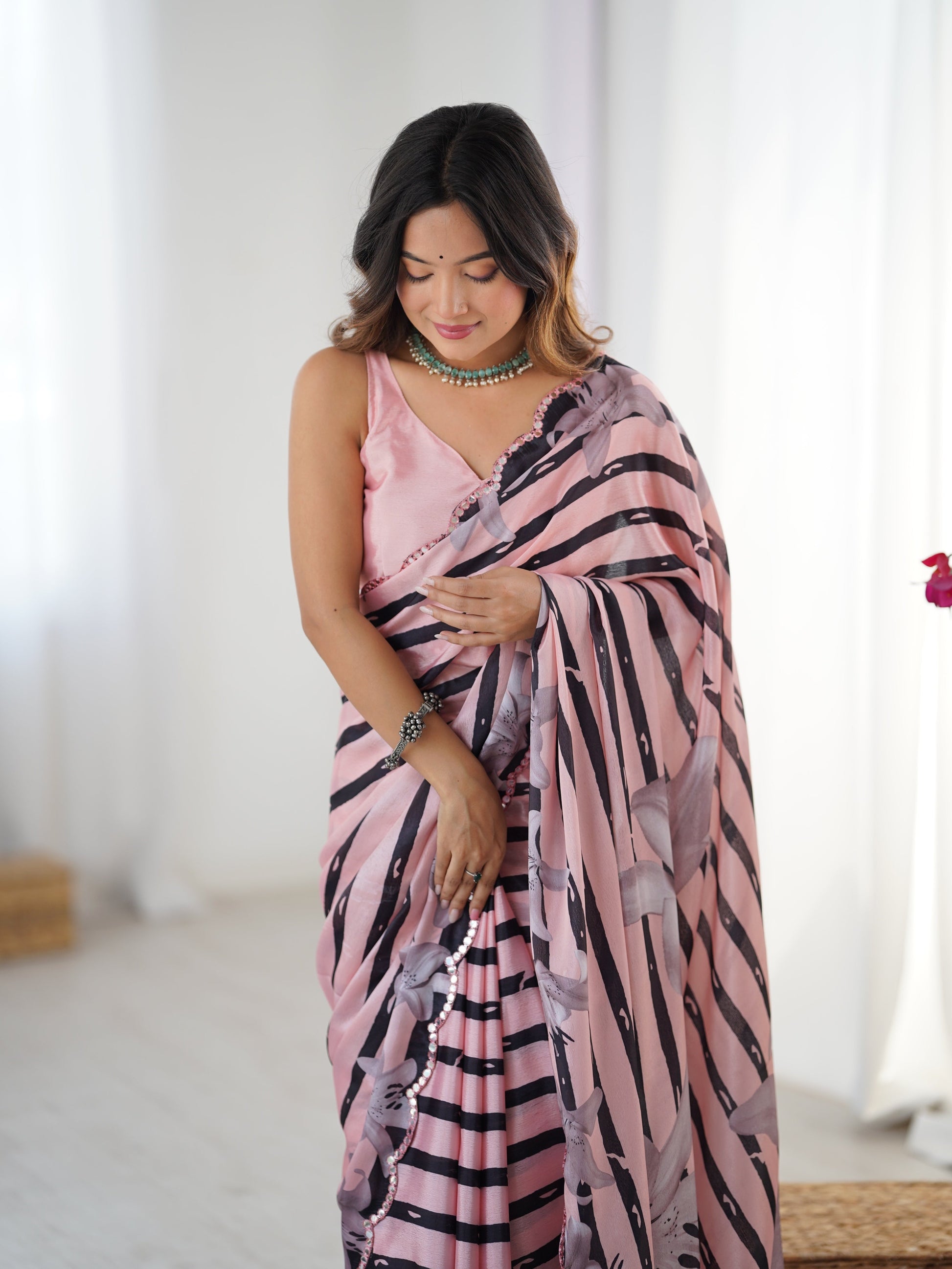 Jyoti Fashion Women's Baby Pink Chinon Digital Printed Designer Grab2Buy with Blouse 