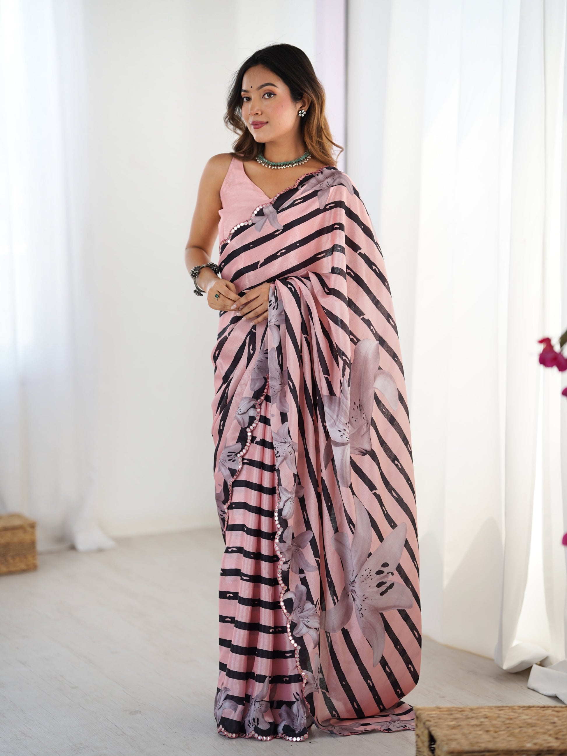 Jyoti Fashion Women's Baby Pink Chinon Digital Printed Designer Grab2Buy with Blouse 