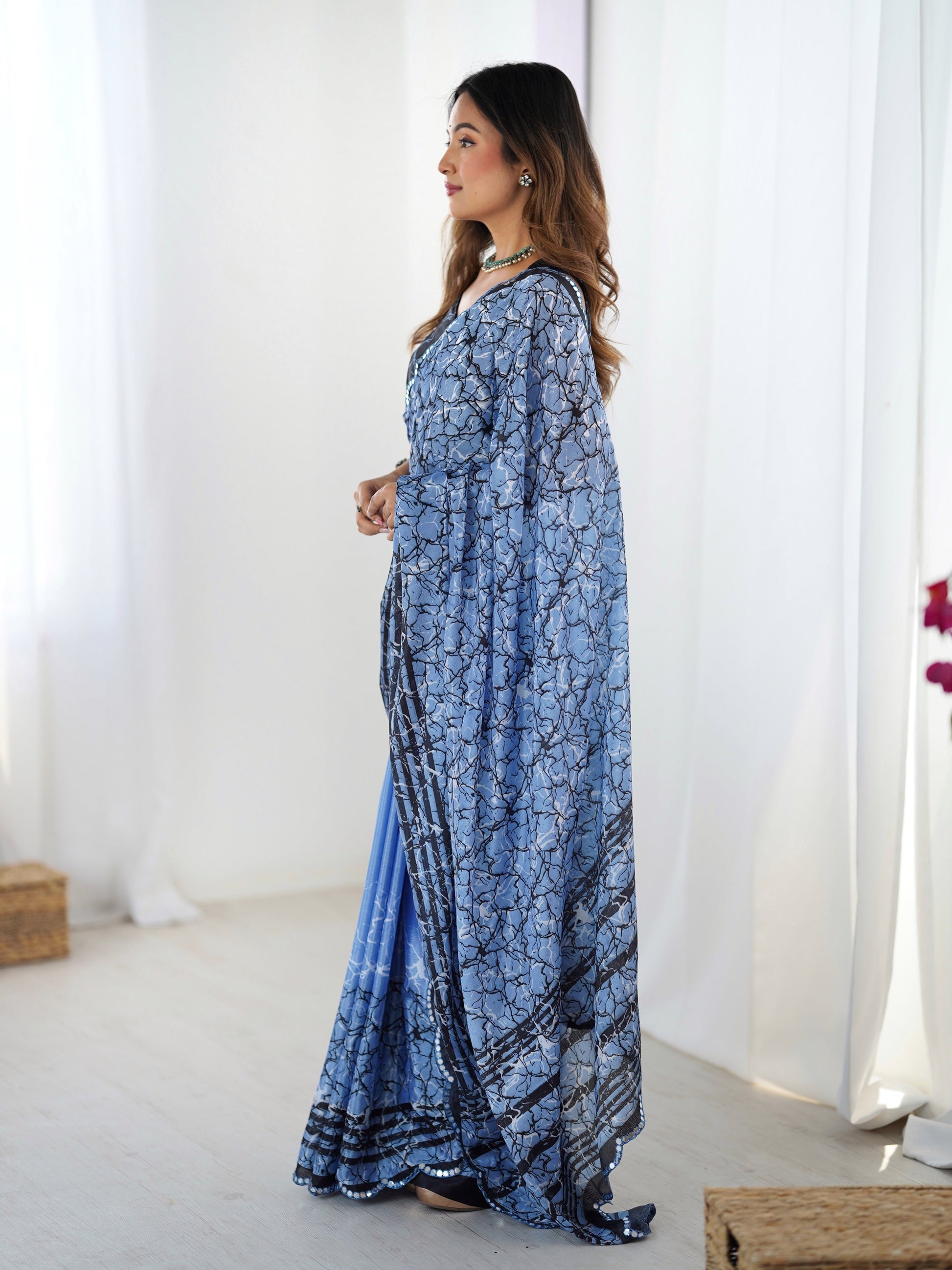 Jyoti Fashion Women's Blue Chinon Digital Printed Designer Grab2Buy with Blouse 