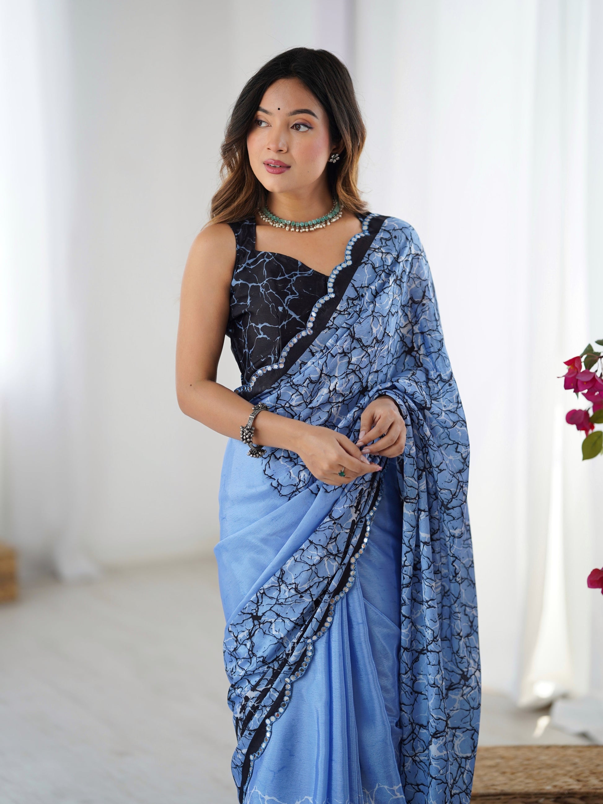 Jyoti Fashion Women's Blue Chinon Digital Printed Designer Grab2Buy with Blouse 