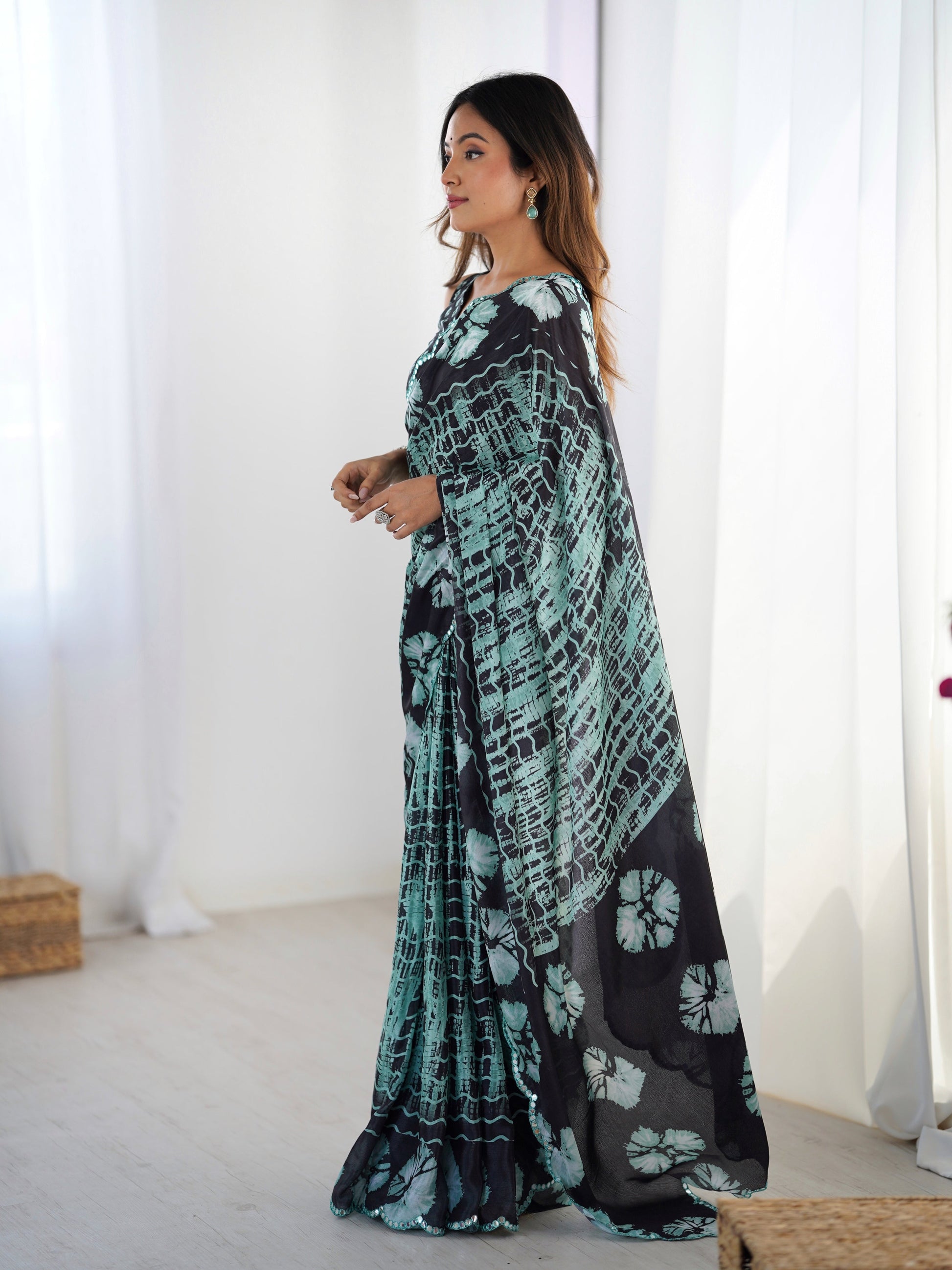 Jyoti Fashion Women's Sea Green Chinon Digital Printed Designer Grab2Buy with Blouse 