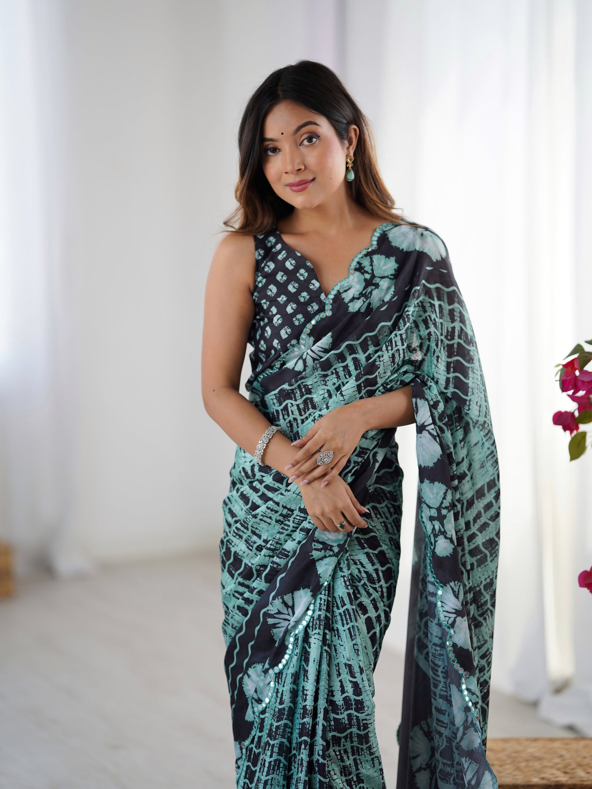 Jyoti Fashion Women's Sea Green Chinon Digital Printed Designer Grab2Buy with Blouse 