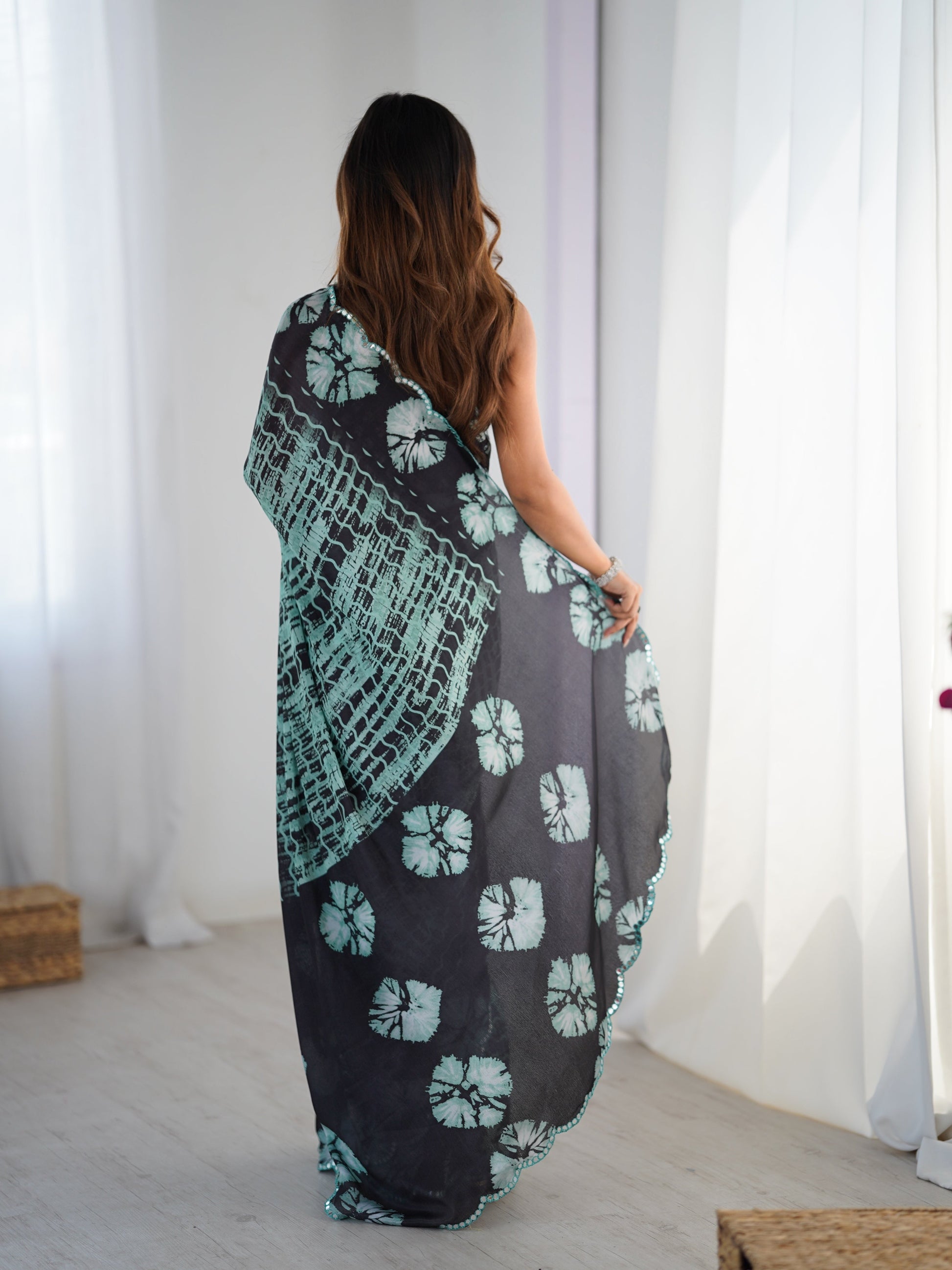 Jyoti Fashion Women's Sea Green Chinon Digital Printed Designer Grab2Buy with Blouse 