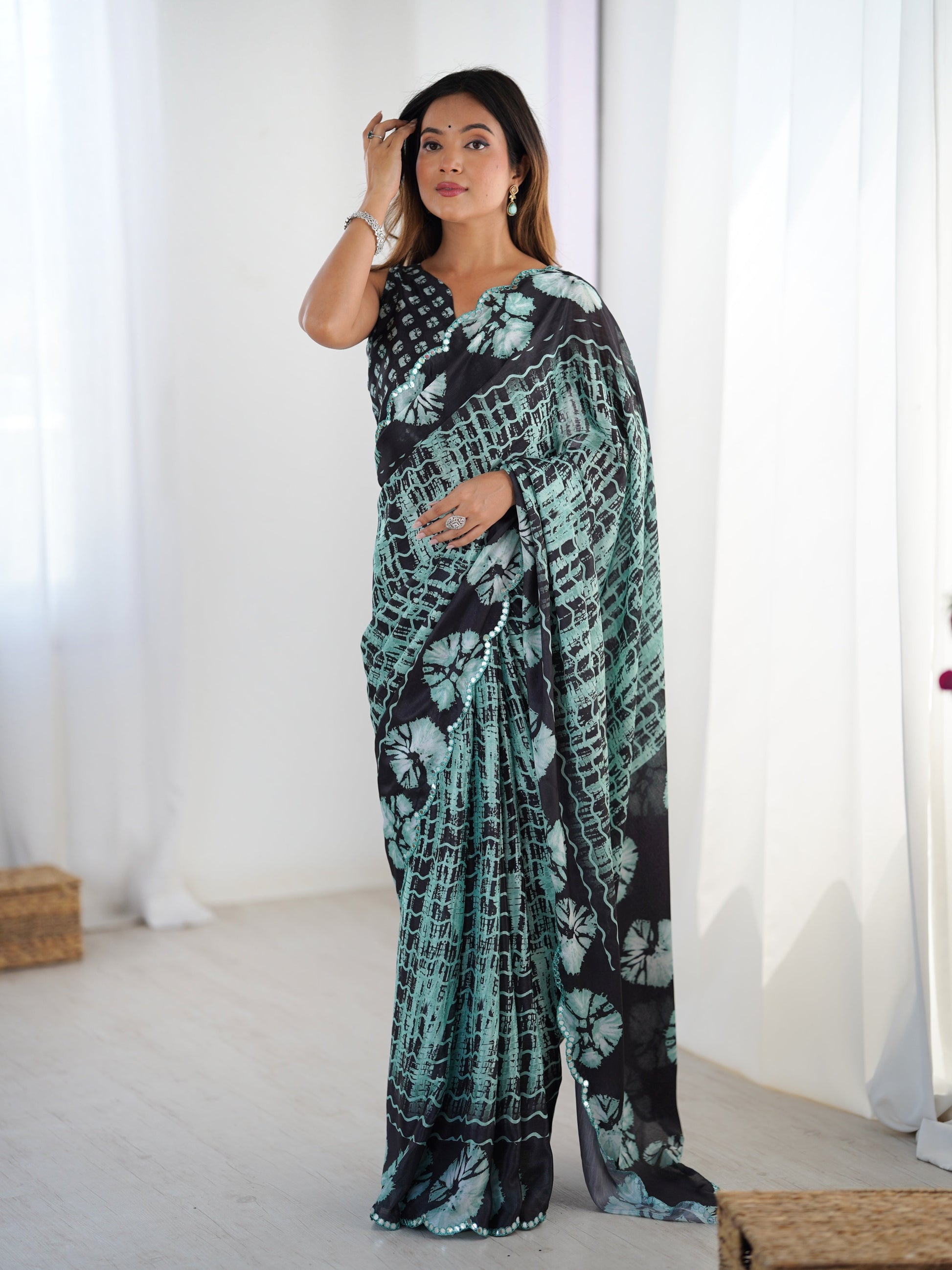 Jyoti Fashion Women's Sea Green Chinon Digital Printed Designer Grab2Buy with Blouse 