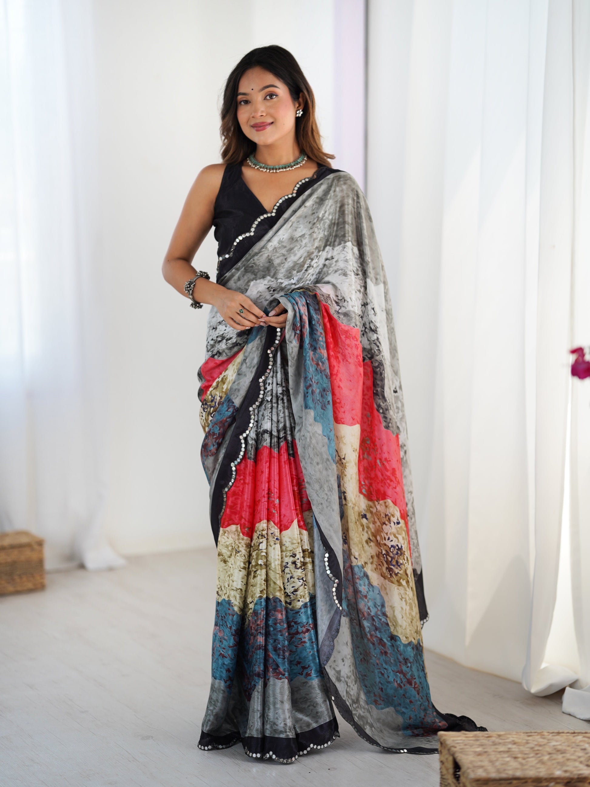 Jyoti Fashion Women's Multicolor Chinon Digital Printed Designer Saree with Blouse
