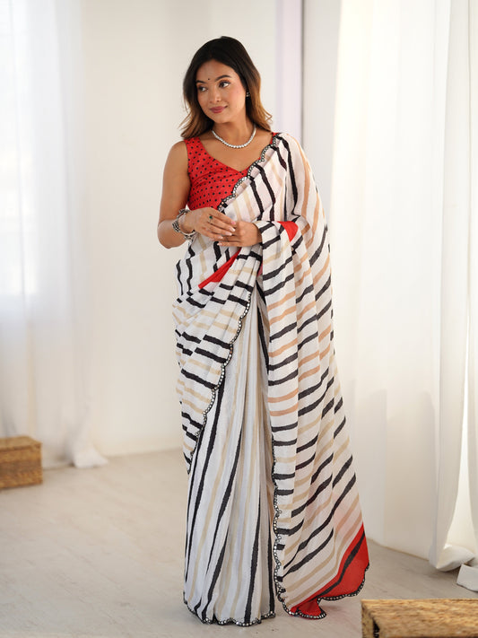 Jyoti Fashion Women's Off White Chinon Digital Printed Designer Saree with Blouse