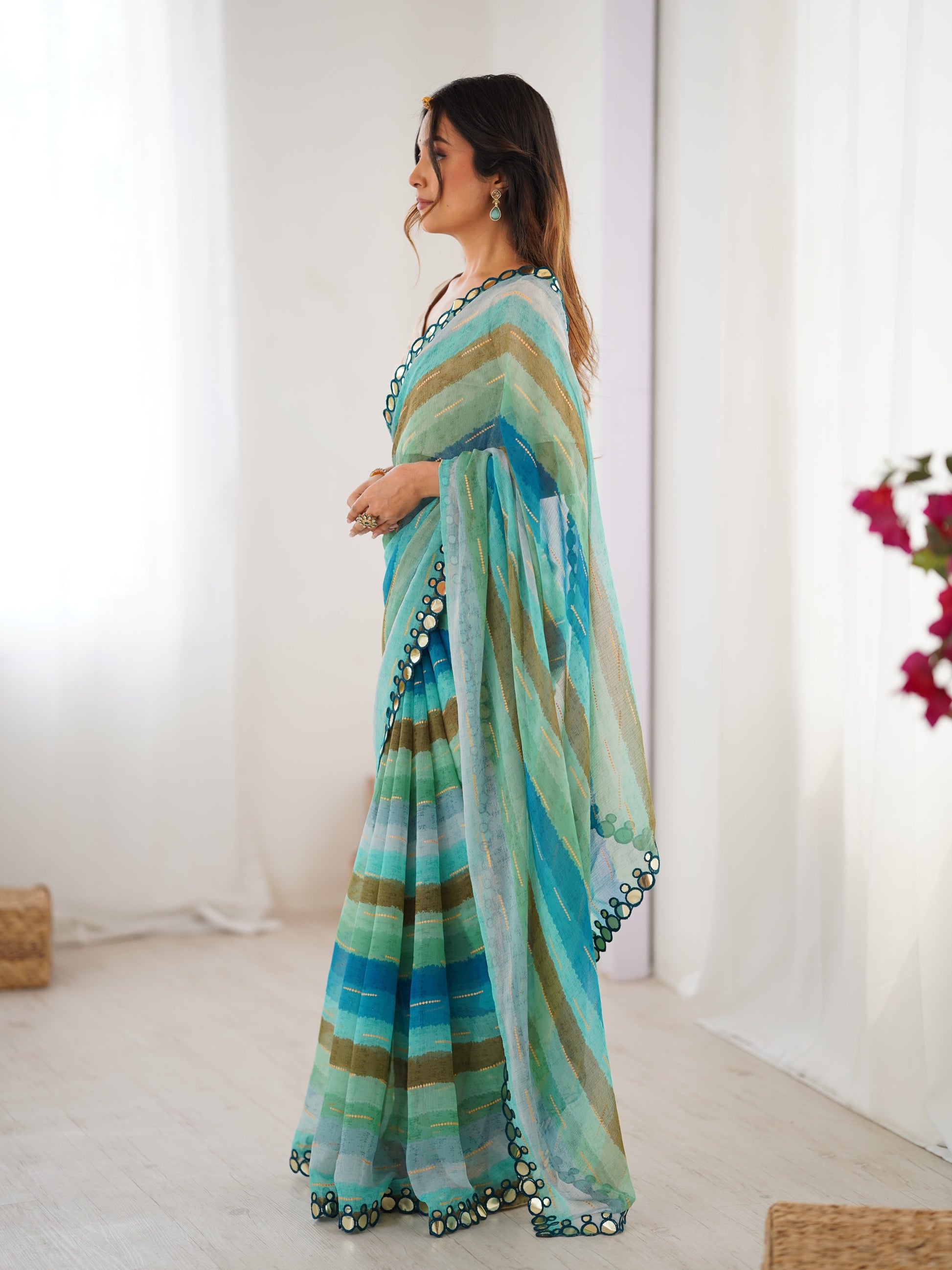 Jyoti Fashion Women's Sky Blue Chinon Leriya Zari Printed Designer Grab2Buy with Blouse 