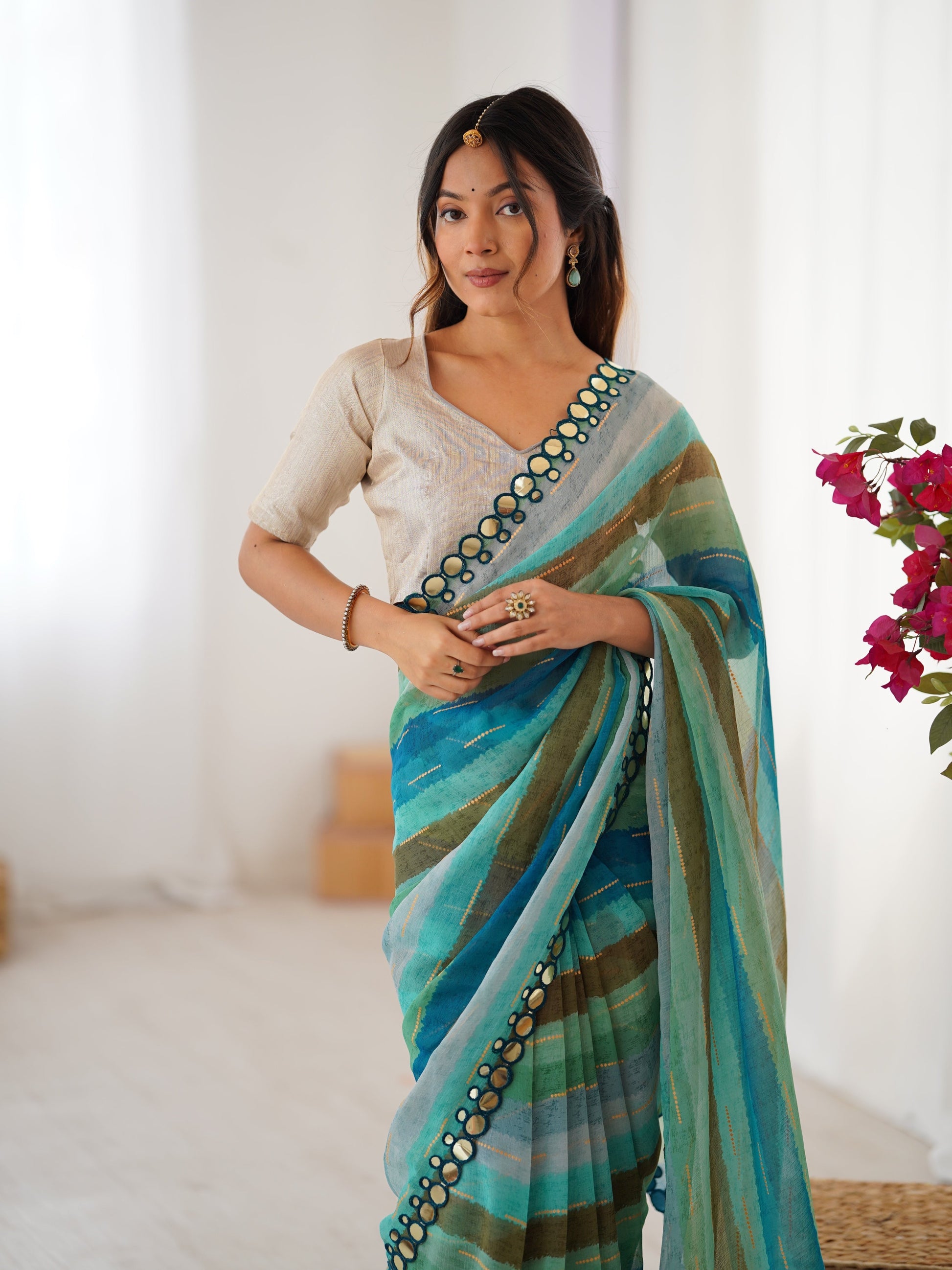 Jyoti Fashion Women's Sky Blue Chinon Leriya Zari Printed Designer Grab2Buy with Blouse 