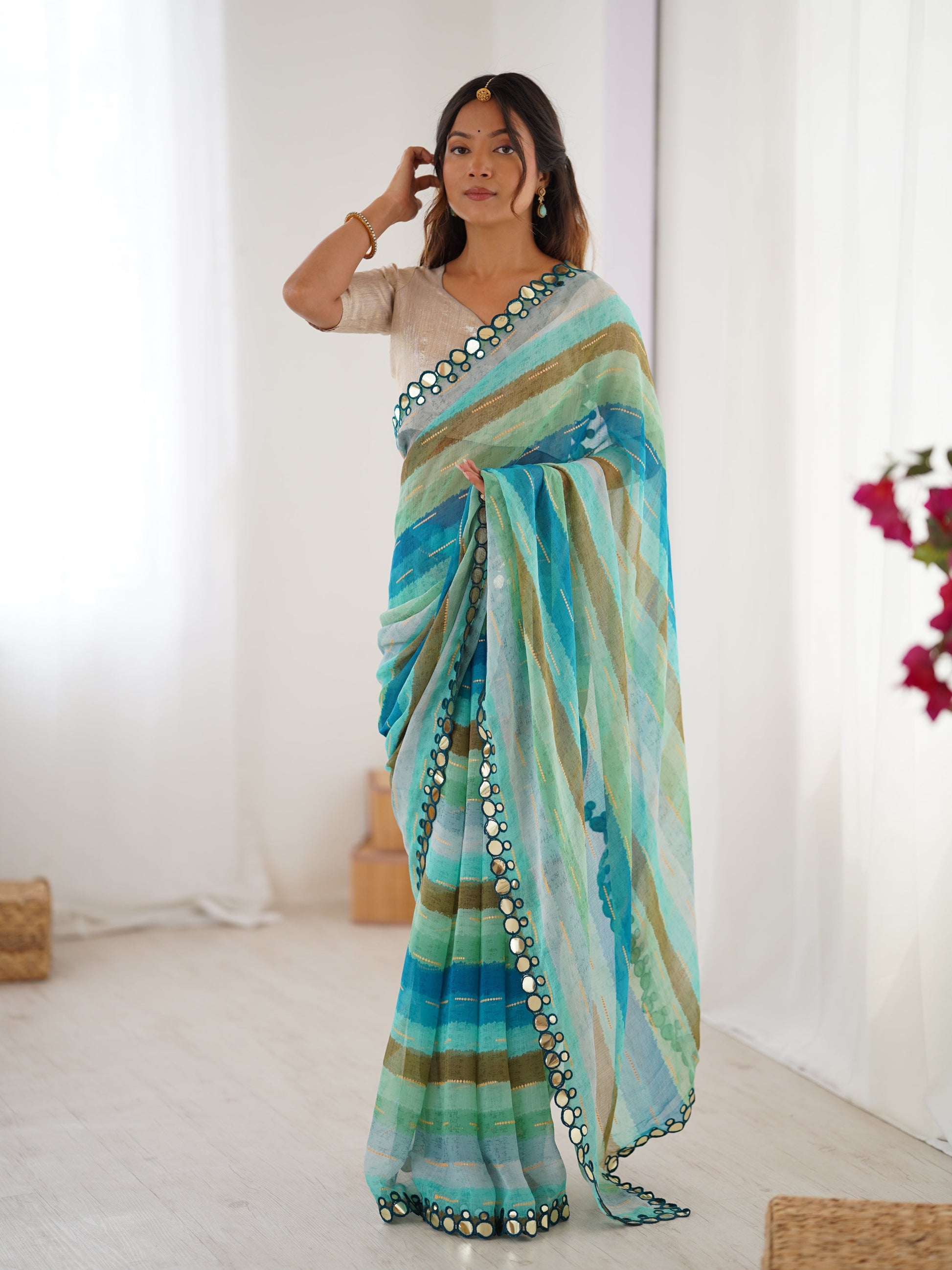 Jyoti Fashion Women's Sky Blue Chinon Leriya Zari Printed Designer Grab2Buy with Blouse 
