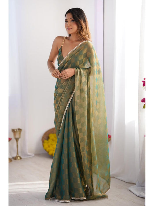 Jyoti Fashion Women's Mehendi Box Chiffon Moti Lace Border Designer Saree with Blouse