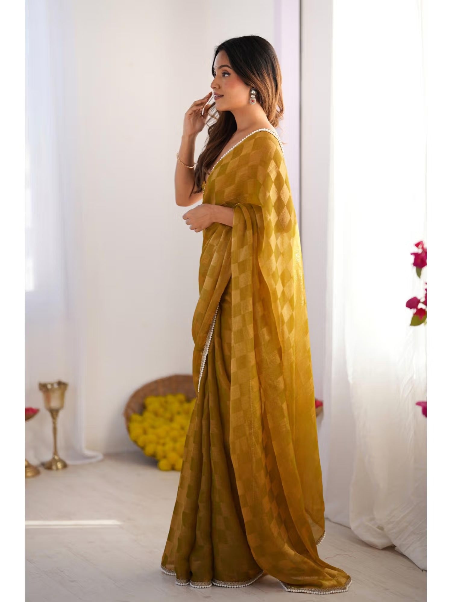 Jyoti Fashion Women's Mustard Box Chiffon Moti Lace Border Designer Grab2Buy with Blouse 