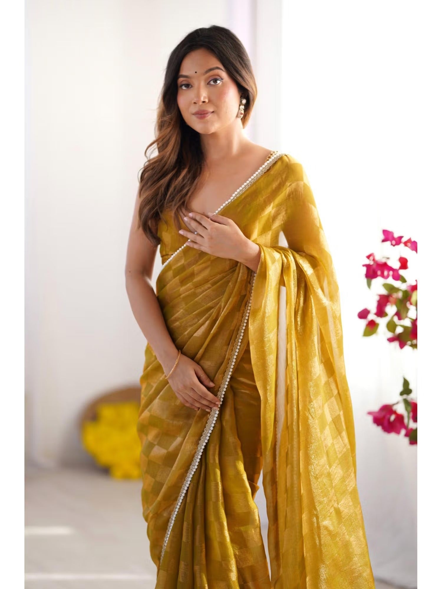 Jyoti Fashion Women's Mustard Box Chiffon Moti Lace Border Designer Grab2Buy with Blouse 