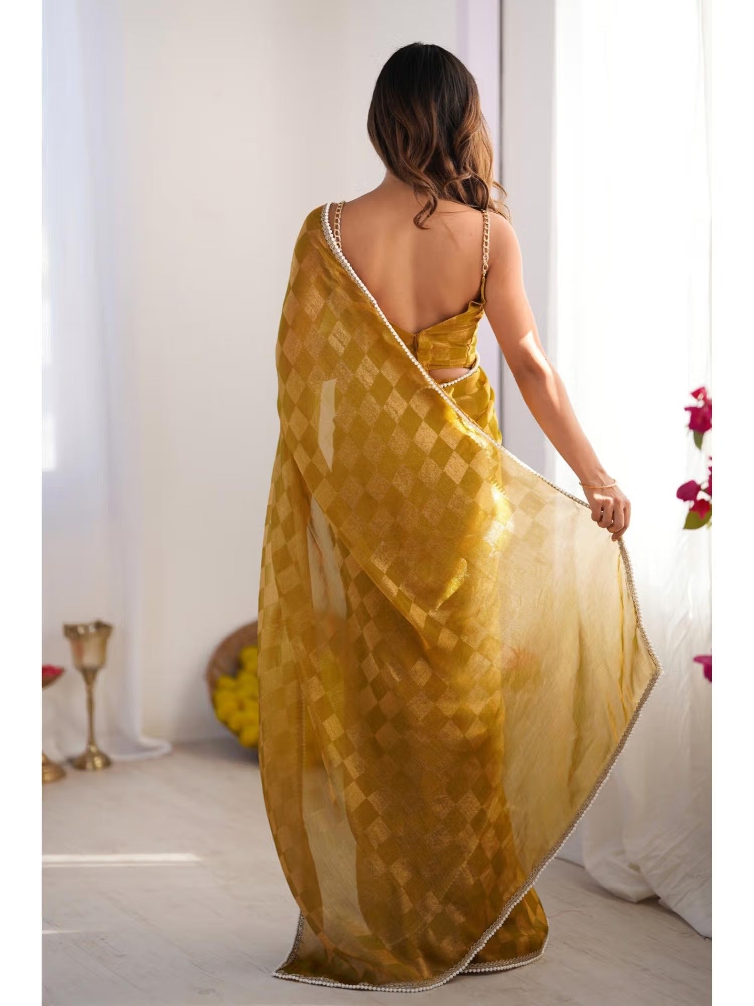 Jyoti Fashion Women's Mustard Box Chiffon Moti Lace Border Designer Grab2Buy with Blouse 