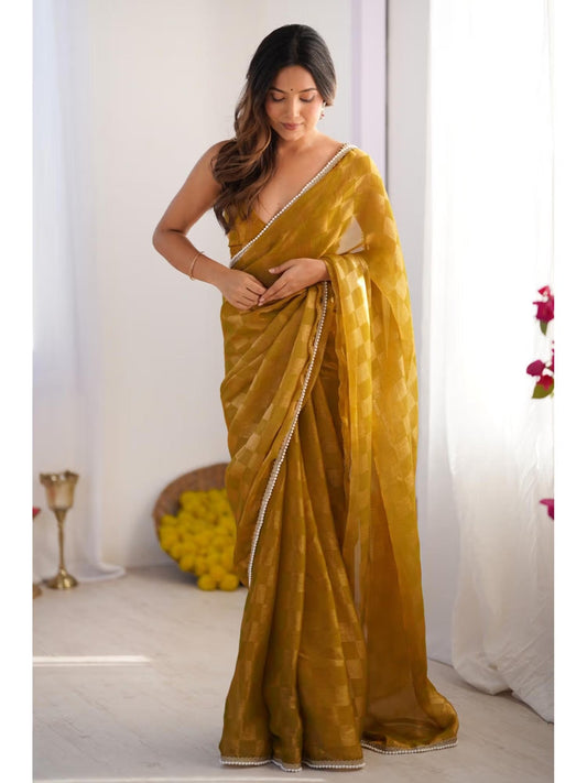 Jyoti Fashion Women's Mustard Box Chiffon Moti Lace Border Designer Grab2Buy with Blouse 