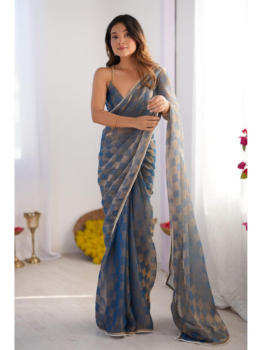 Jyoti Fashion Women's Blue Box Chiffon Moti Lace Border Designer Saree with Blouse