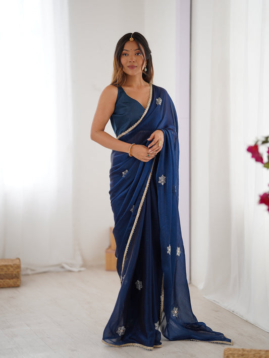 Jyoti Fashion Women's Navy Blue Soft Fendy Embroidered Designer Saree with Blouse