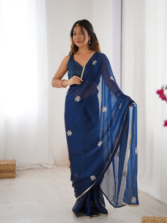 Jyoti Fashion Women's Navy Blue Soft Fendy Embroidered Designer Saree with Blouse