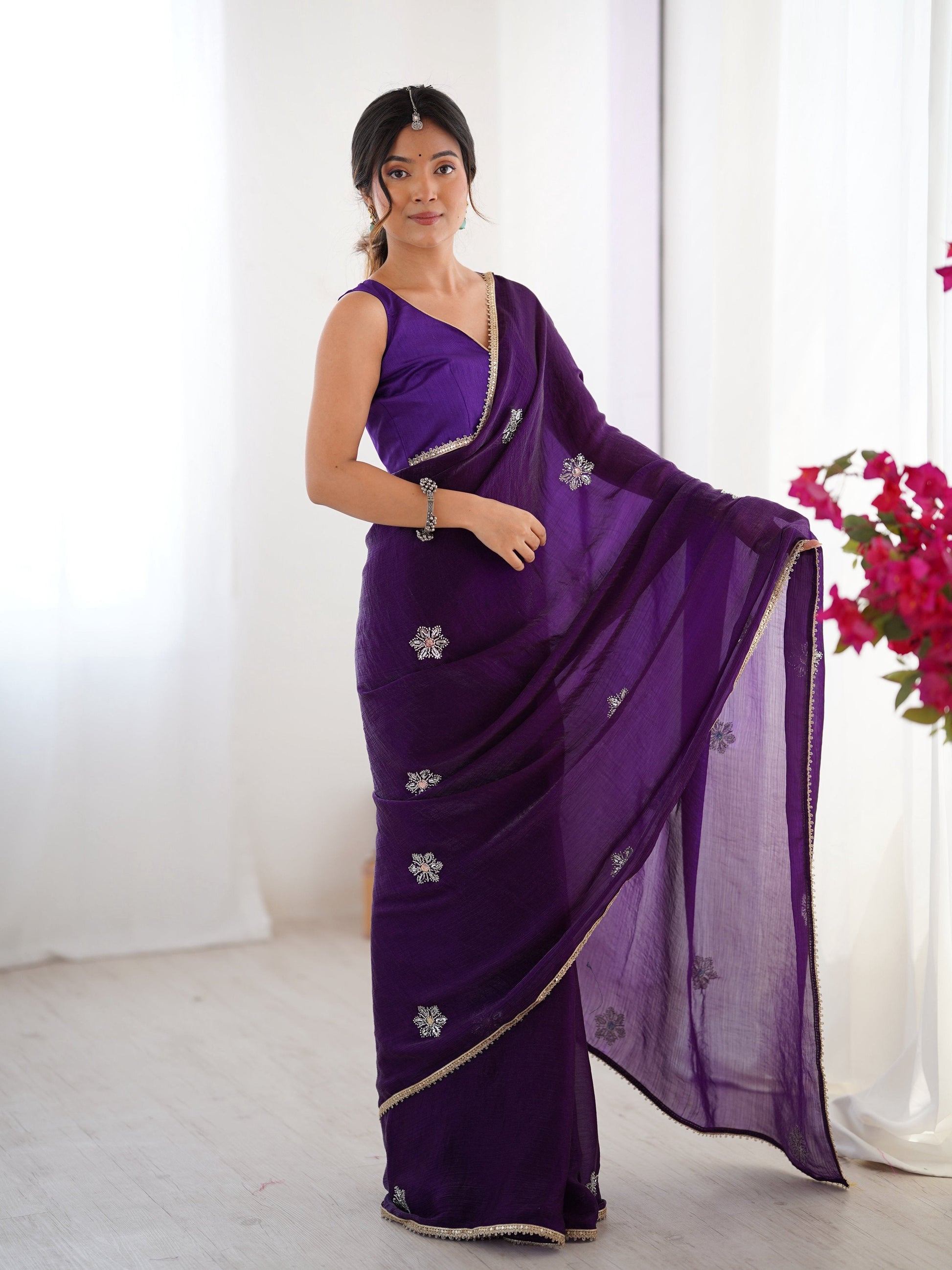 Jyoti Fashion Women's Purple Soft Fendy Embroidered Designer Grab2Buy with Blouse 
