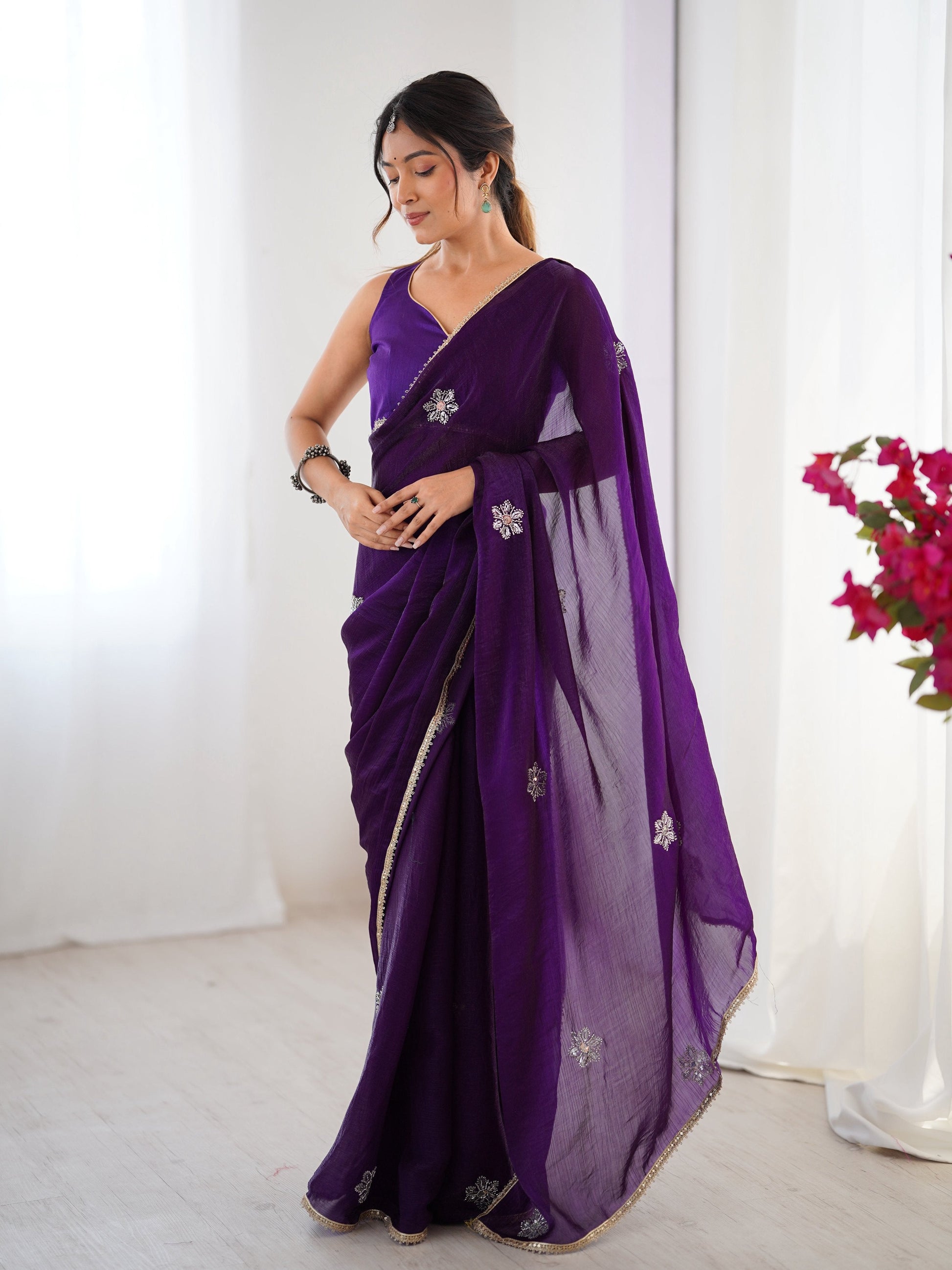 Jyoti Fashion Women's Purple Soft Fendy Embroidered Designer Grab2Buy with Blouse 