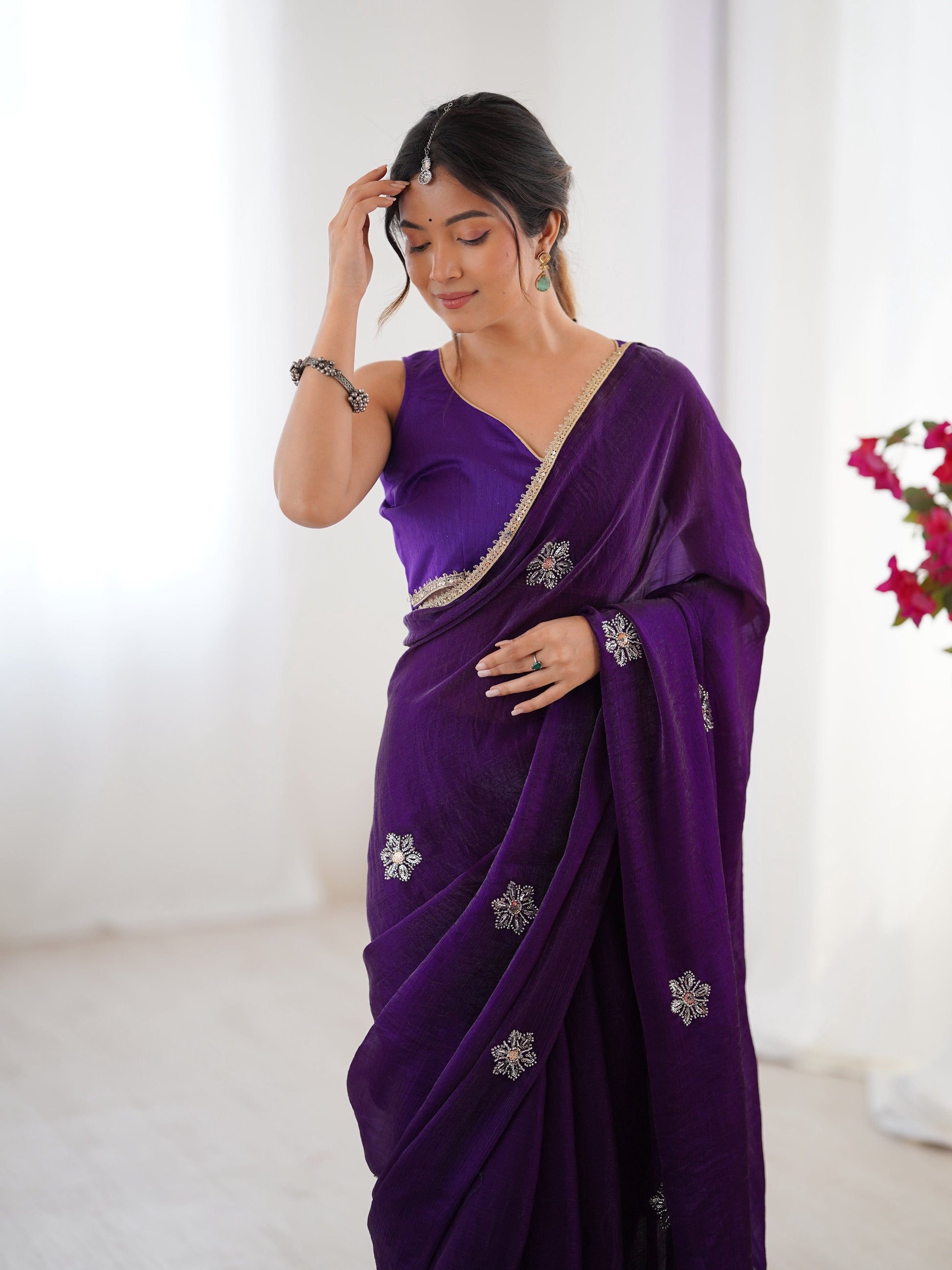 Jyoti Fashion Women's Purple Soft Fendy Embroidered Designer Grab2Buy with Blouse 