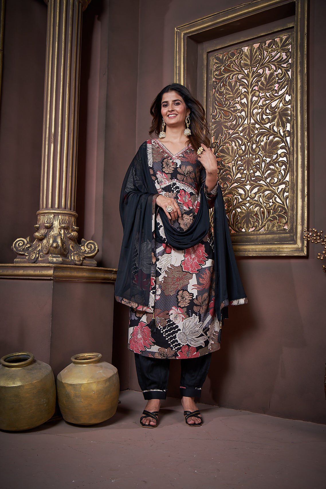 Jyoti Fashion Women's Black Rayon Floral Print with Handwork Designer Kurta Set with Dupatta | Swadesiicart